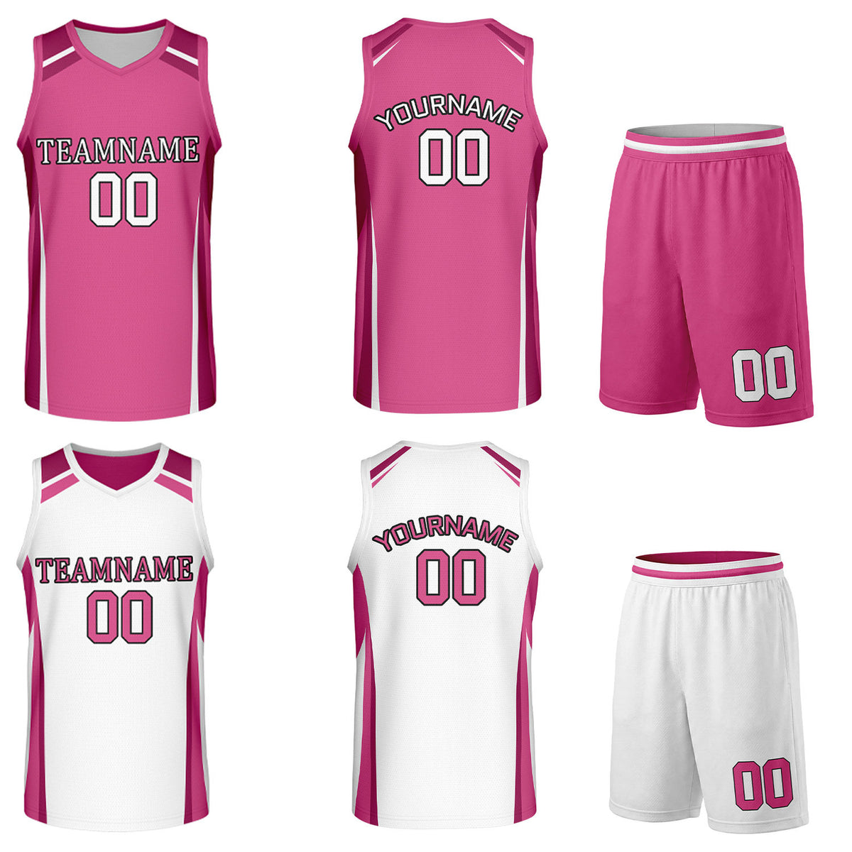 Custom pink and white reversible basketball uniform by Vosoli. Personalized with team name, number, and logo. Breathable mesh jersey and shorts for high school, college, and AAU teams.