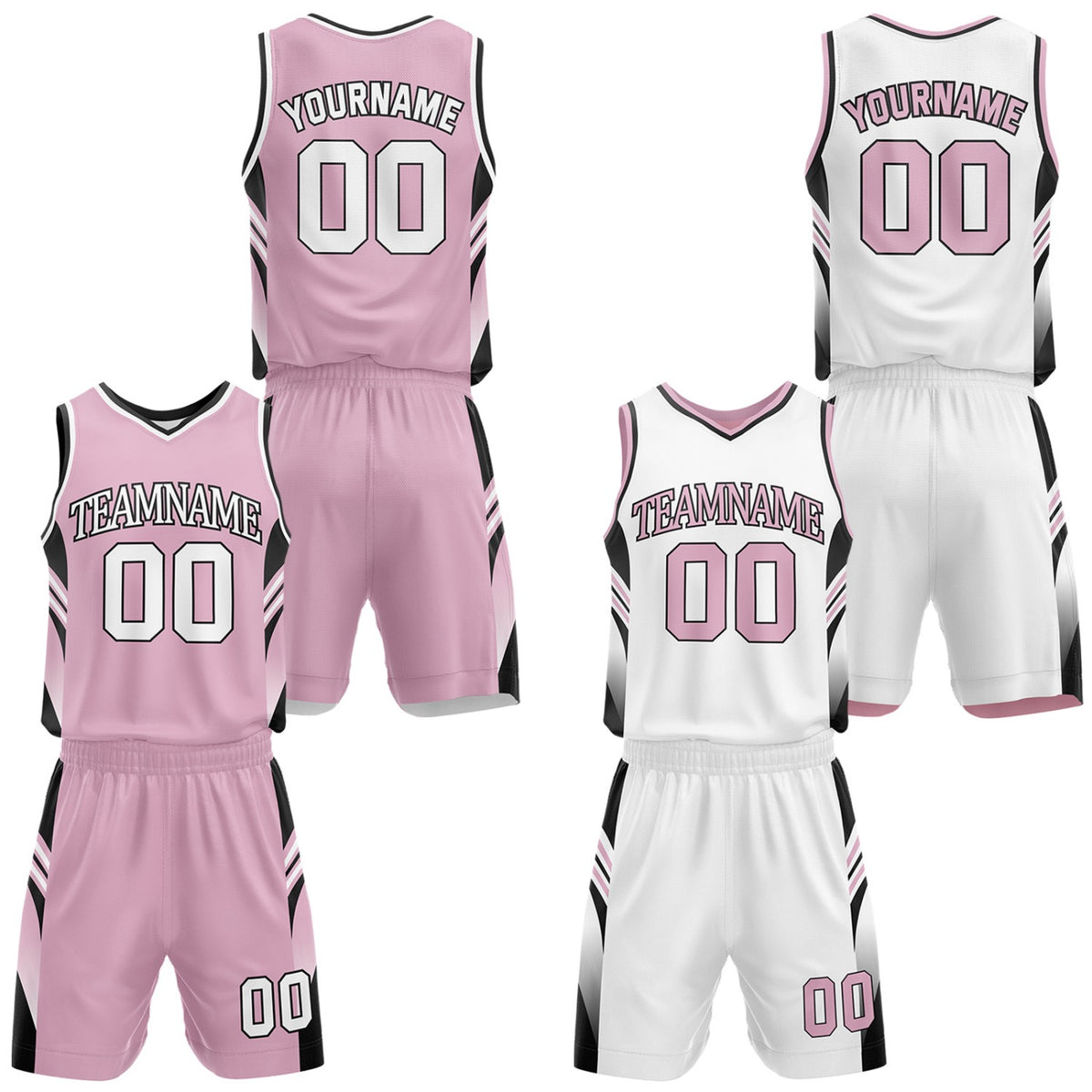Custom pink and white reversible basketball uniform by Vosoli. Personalized with team name, number, and logo. Breathable mesh jersey and shorts for high school, college, AAU teams.