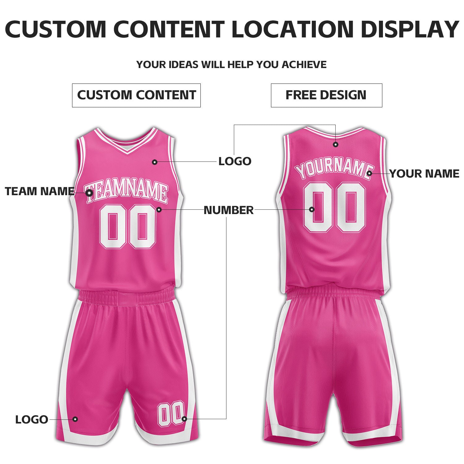 Custom Pink & White Reversible Basketball Uniform Set | Personalized Name Number Sports Jersey Shorts Kit