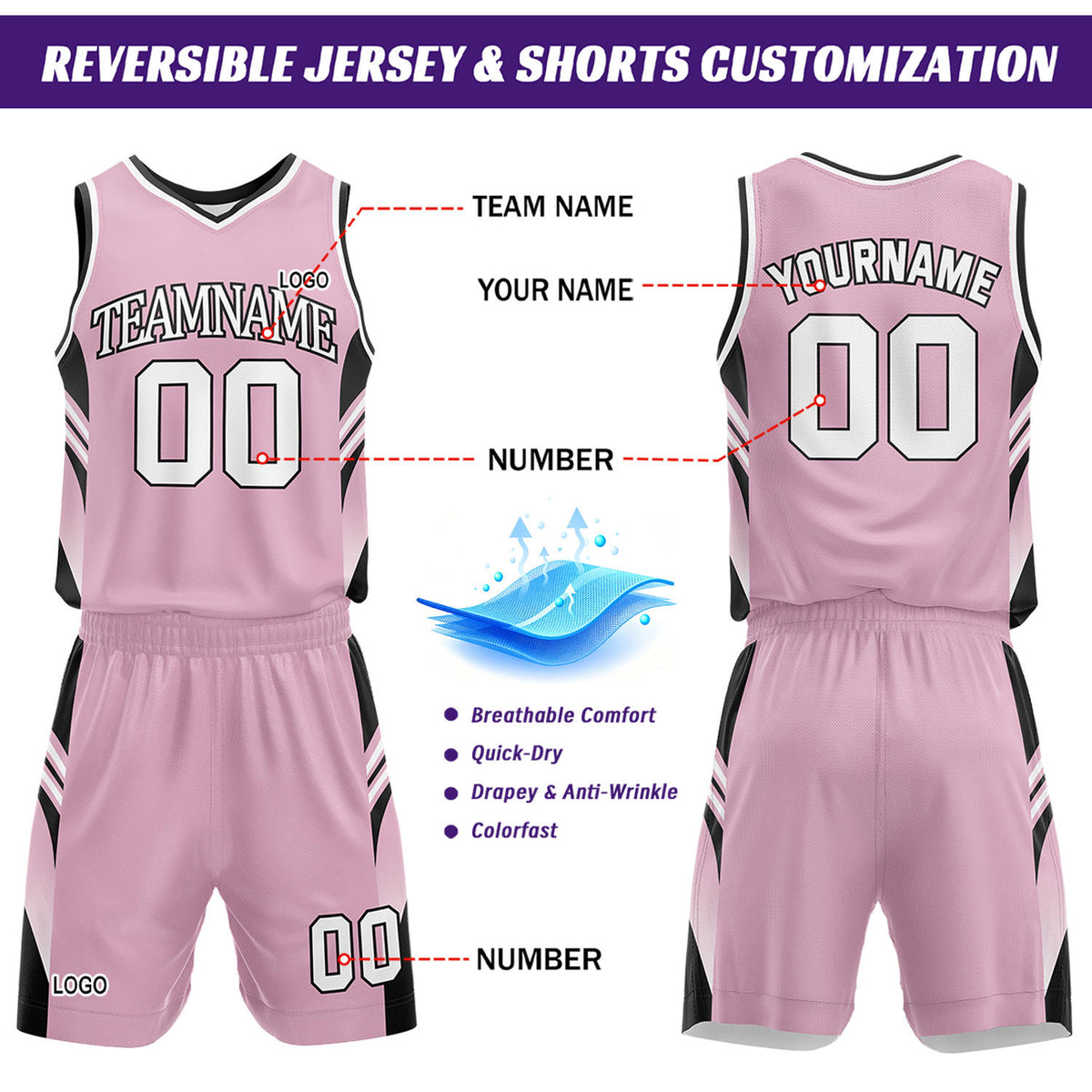 Custom Pink & White Reversible Basketball Uniform Set | Personalized Team Jersey Kit