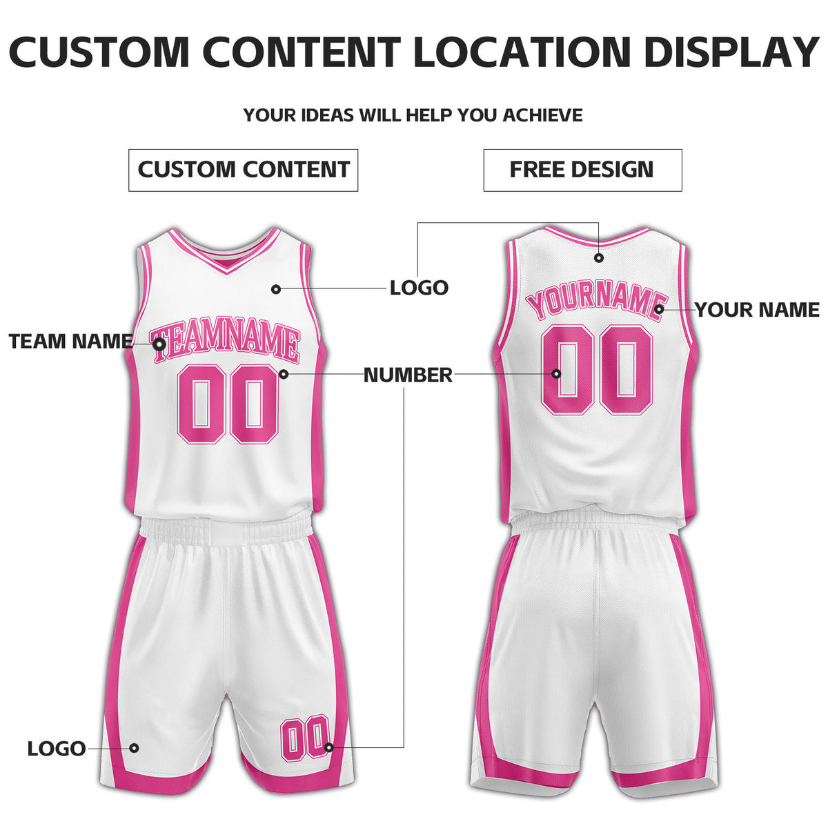 Custom Pink & White Reversible Basketball Uniform Set | Personalized Name Number Sports Jersey Shorts Kit