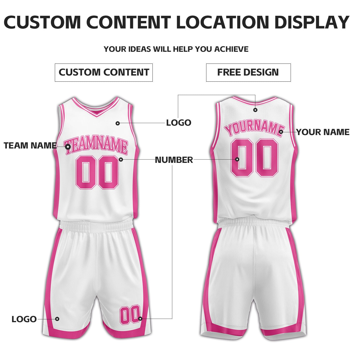 Custom Pink & White Reversible Basketball Uniform Set | Personalized Name Number Sports Jersey Shorts Kit