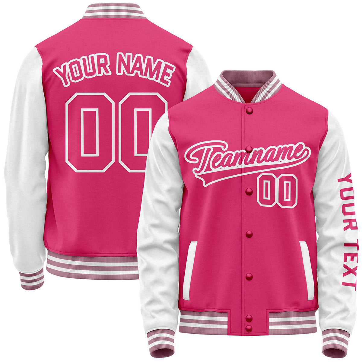 Custom pink and white team jackets by Vosoli with stitched name, number and logo. Classic varsity jacket for baseball and casual wear.