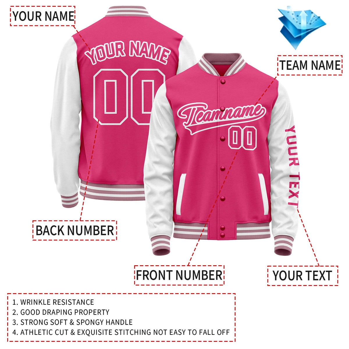 Custom Pink White Jacket Personalized Team Name Number Letterman Bomber for Adult & Youth