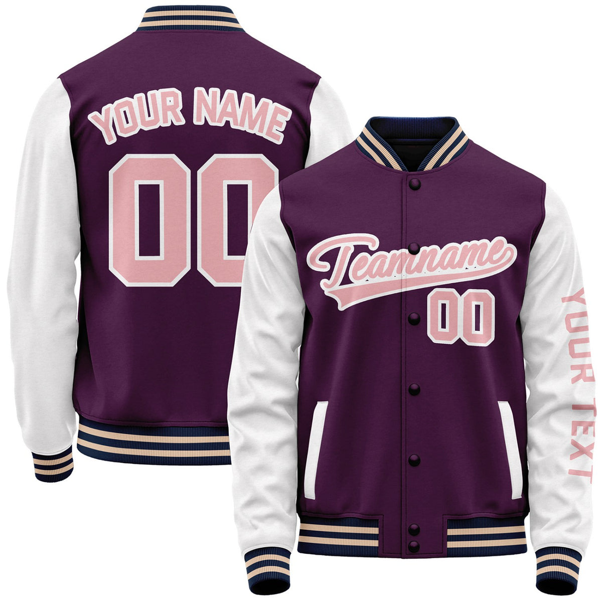 Custom plum and white baseball jackets for teams bulk by Vosoli with stitched name, number and logo. Classic varsity jacket for baseball and casual wear.