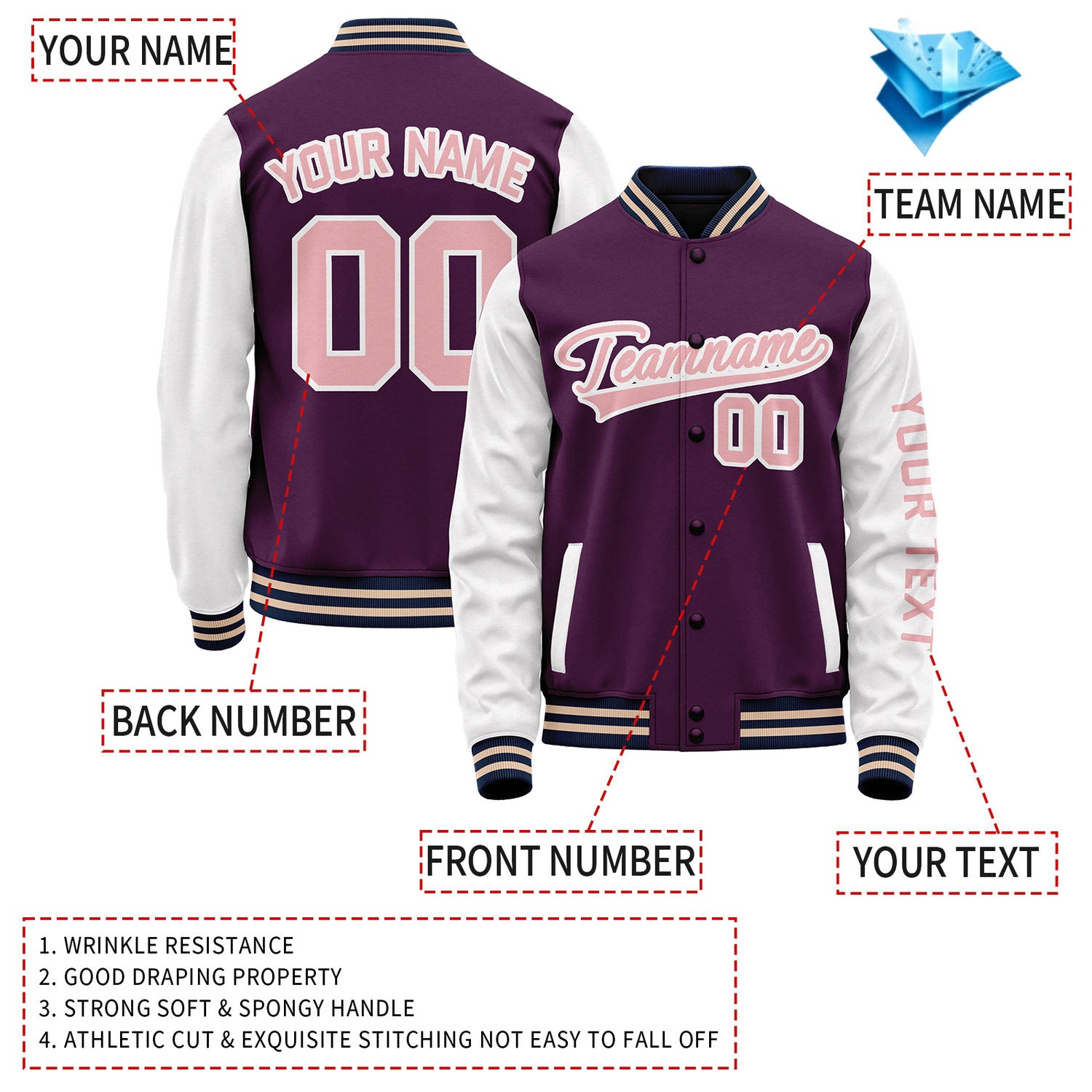 Custom Plum White Jacket Personalized Team Name Number Letterman Bomber for Adult & Youth
