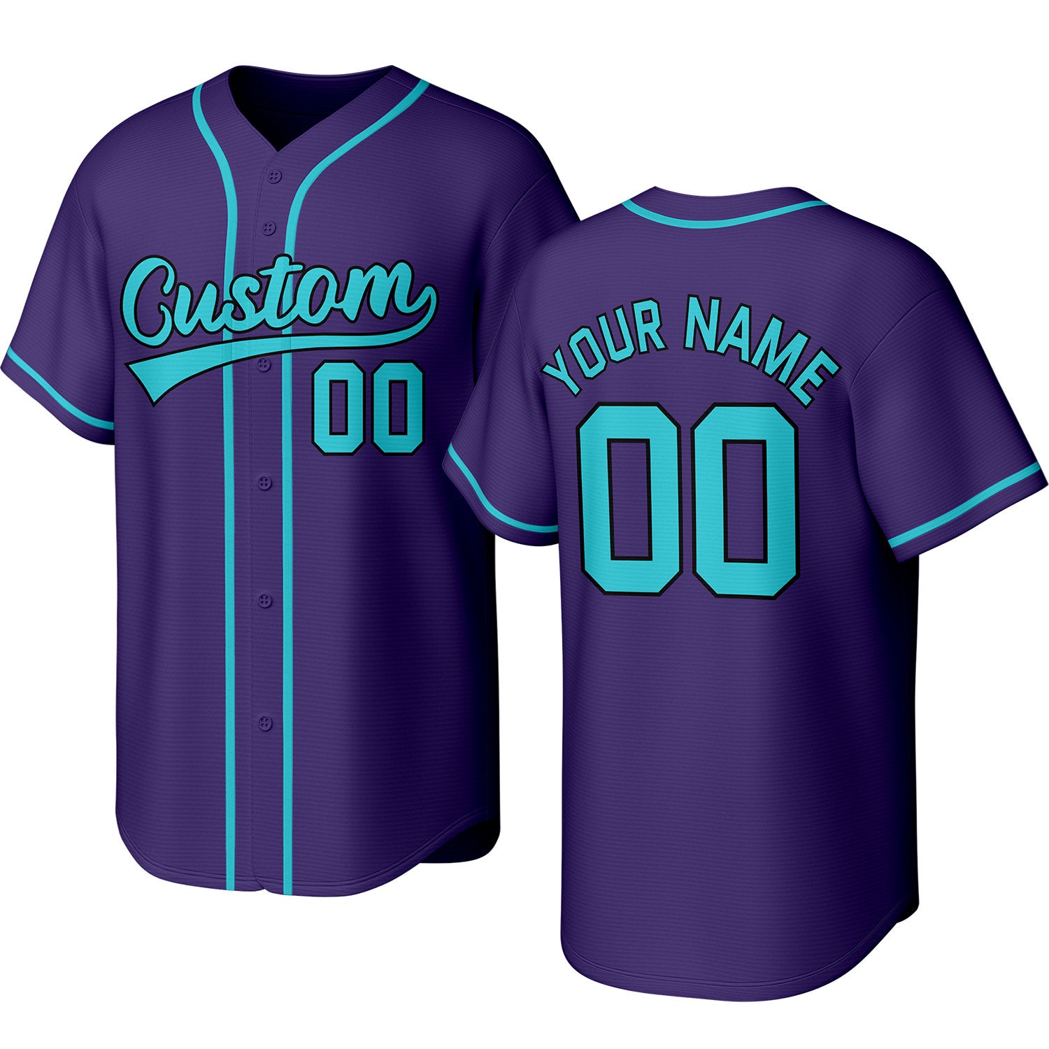 Custom purple & aqua baseball jersey with logo, personalized name & number, button-front short-sleeve sports uniform for team men women youth game practice - Vosoli
