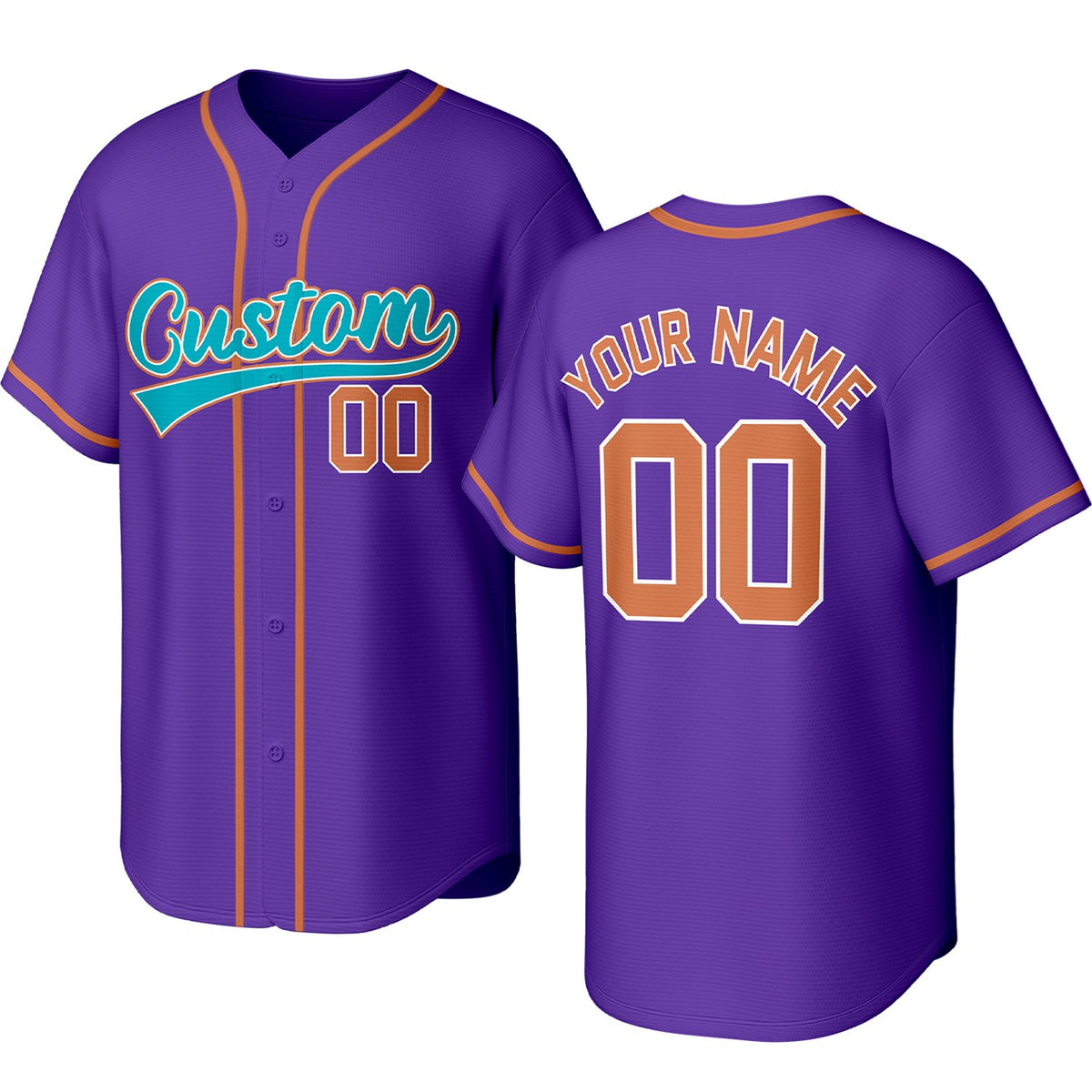 Custom purple, aqua &amp; orange baseball jersey with logo, personalized name &amp; number, button-front short-sleeve sports uniform for team men women youth game practice - Vosoli