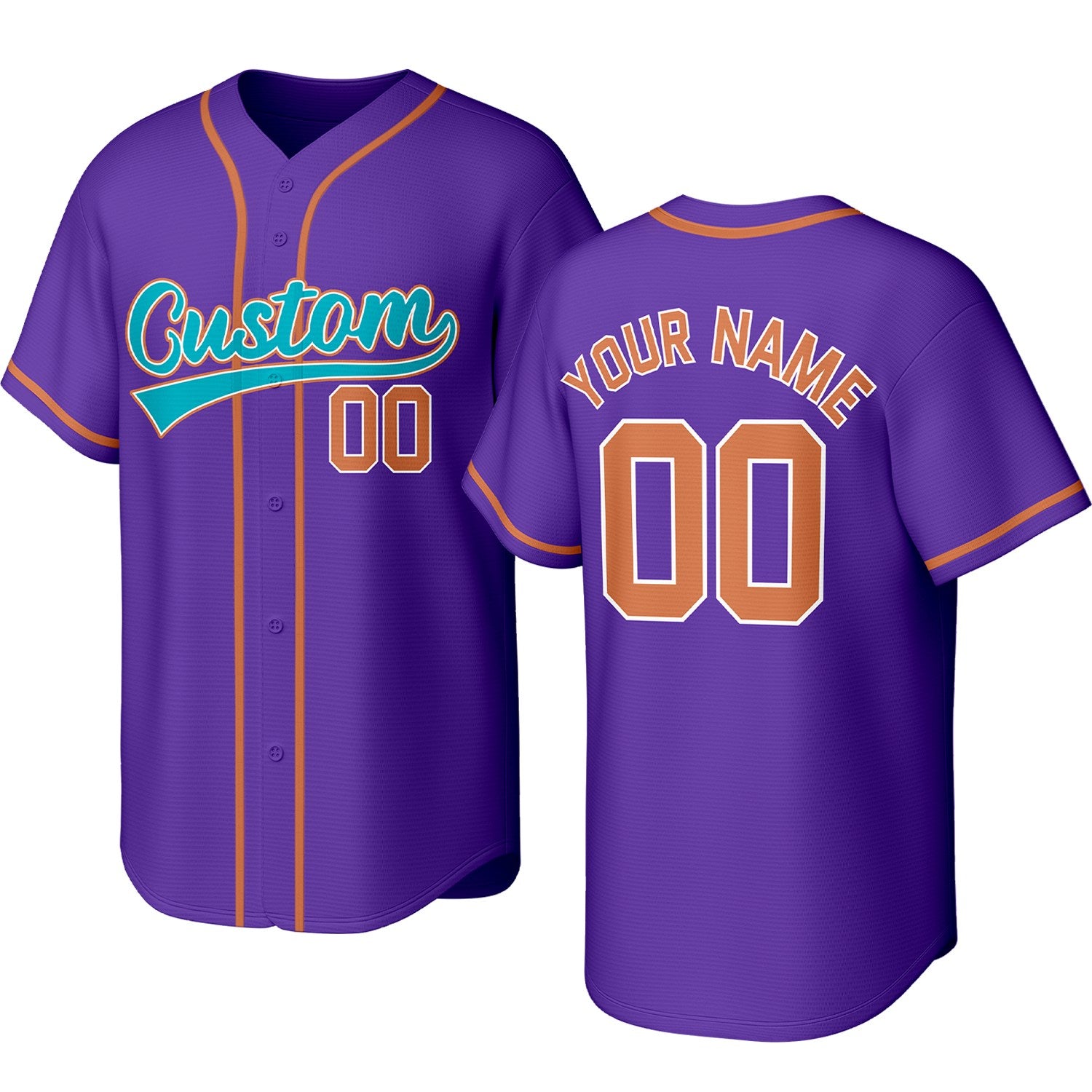 Custom purple, aqua & orange baseball jersey with logo, personalized name & number, button-front short-sleeve sports uniform for team men women youth game practice - Vosoli