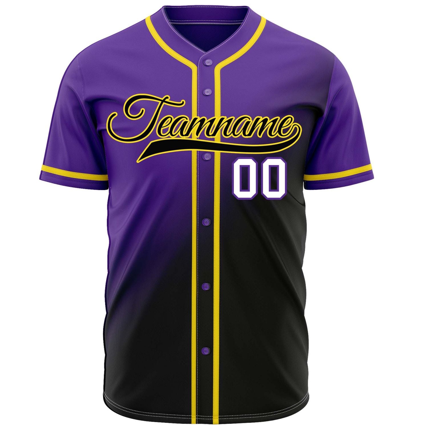 Custom purple to black gradient baseball jersey, button-front style with yellow trim, suitable for team sports and casual wear - Vosoli