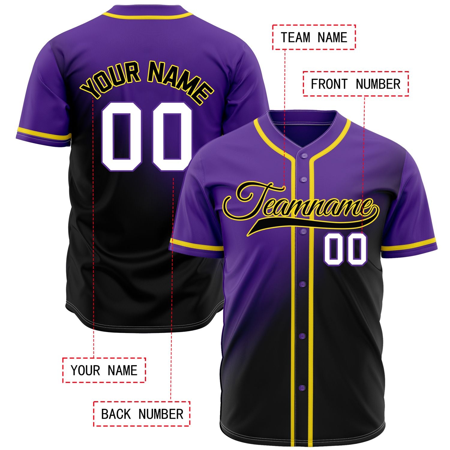 Custom purple to black gradient baseball jersey, button-front style with yellow trim, suitable for team sports and casual wear - Vosoli