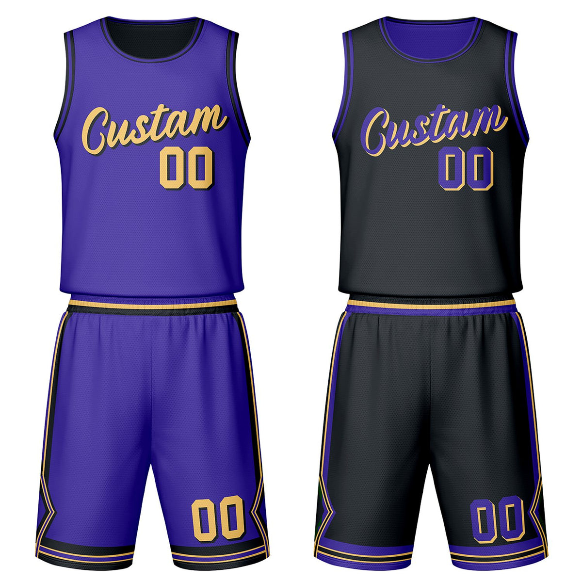 Custom purple &amp; black reversible basketball jersey set with shorts by Vosoli | Personalized team name, number &amp; logo | Breathable mesh sport jersey uniform