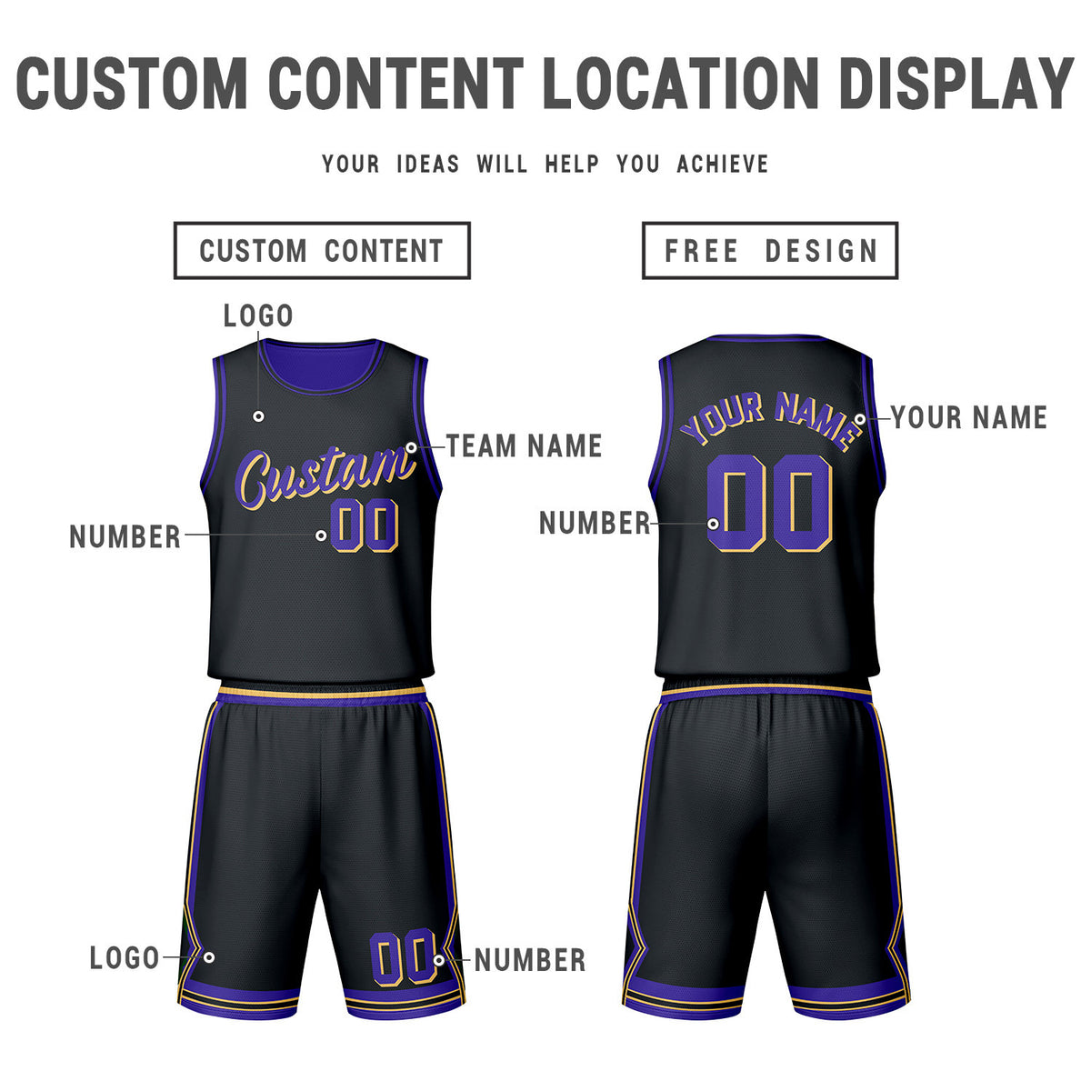 Custom Purple Black Reversible Basketball Jersey Set | Personalized Name Number Mesh Sports Uniform