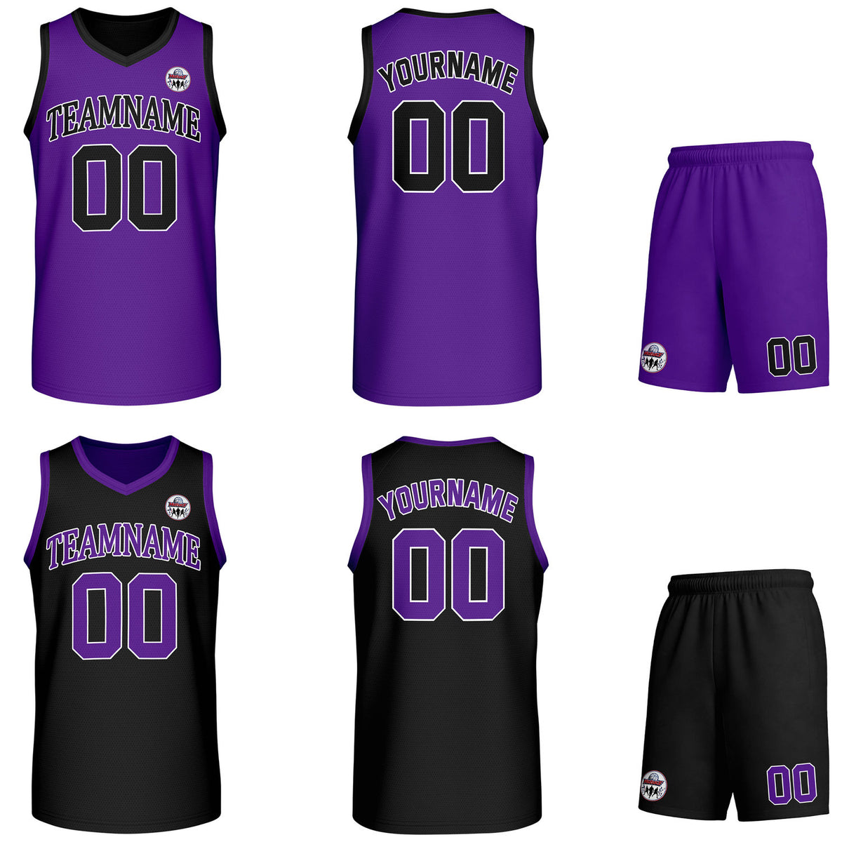 Custom purple &amp; black Reversible basketball uniform set, personalized team name number logo breathable mesh jersey and shorts men women youth game practice - Vosoli