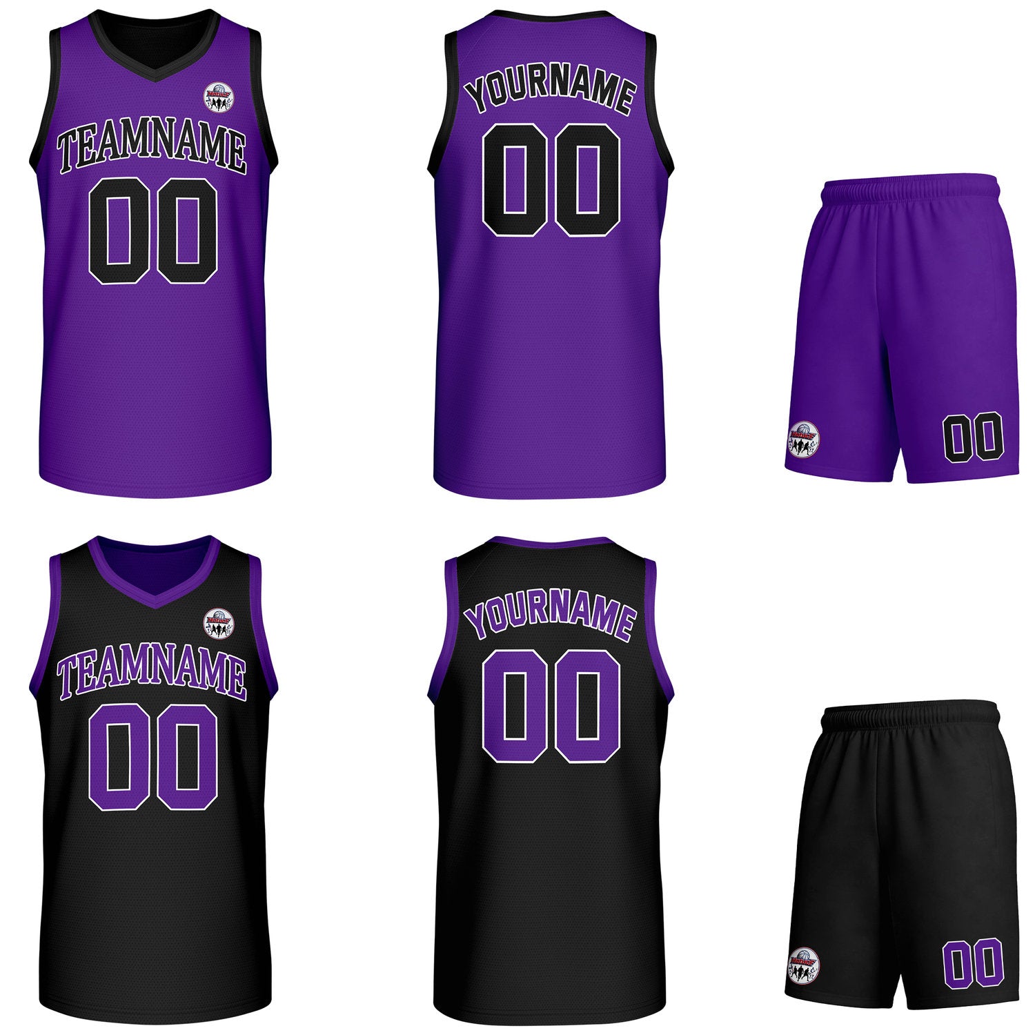 Custom purple & black Reversible basketball uniform set, personalized team name number logo breathable mesh jersey and shorts men women youth game practice - Vosoli