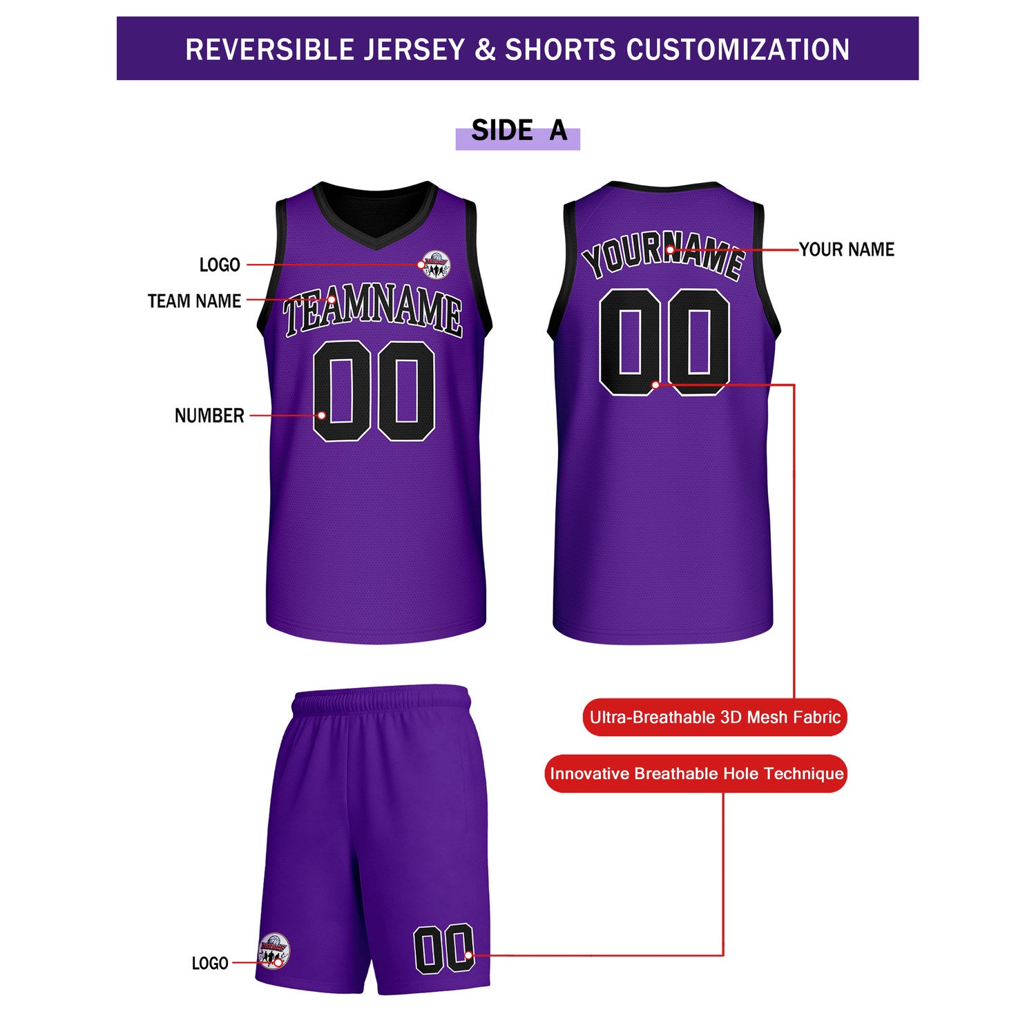 Custom Purple & Black Reversible Basketball Uniform Set | Personalized Team Name & Number - Vosoli