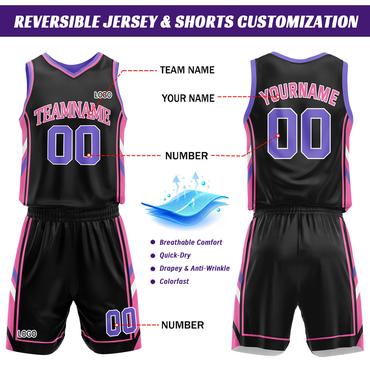 Custom Purple & Black Reversible Basketball Uniform Set | Personalized Name Number Sports Jersey Shorts Kit