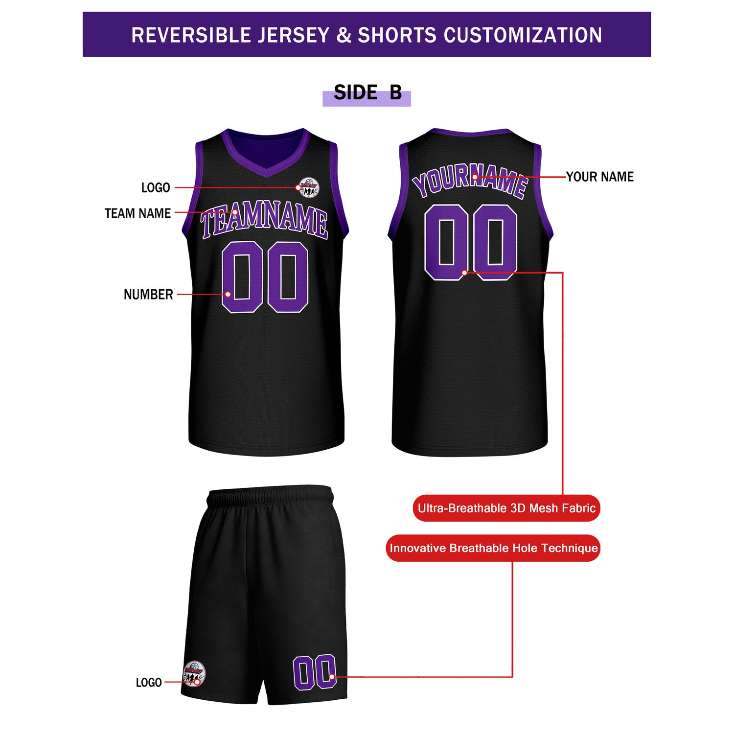 Custom Purple & Black Reversible Basketball Uniform Set | Personalized Team Name & Number - Vosoli