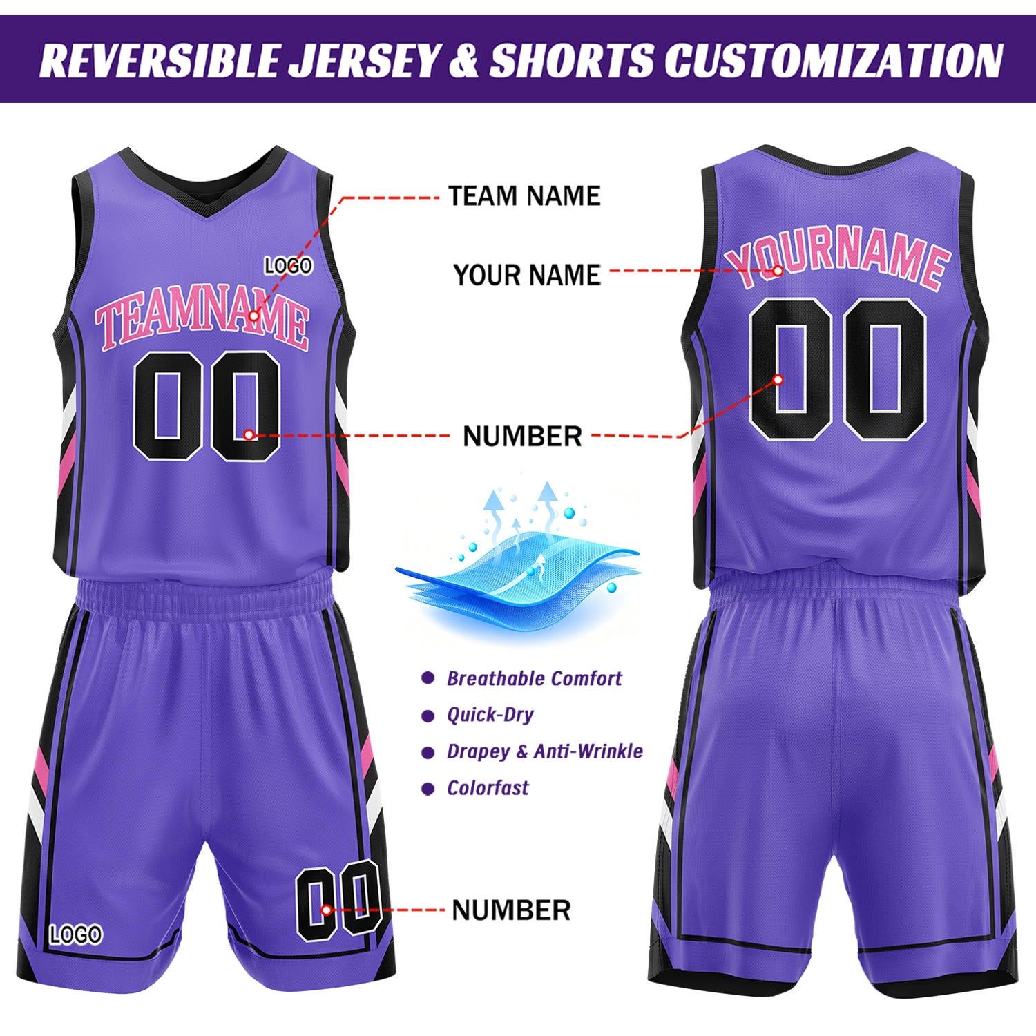 Custom Purple & Black Reversible Basketball Uniform Set | Personalized Name Number Sports Jersey Shorts Kit