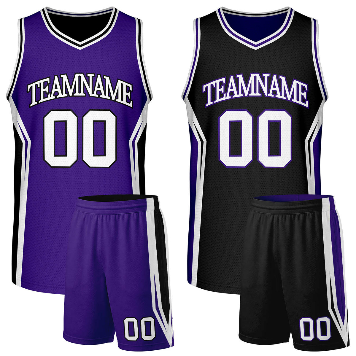 Custom purple and black basketball uniform set, reversible jersey and shorts set with personalized name &amp; number, breathable mesh for adult &amp; youth.