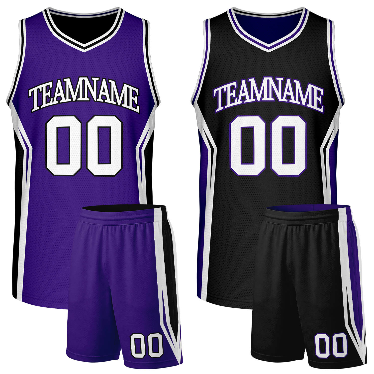 Custom purple and black basketball uniform set, reversible jersey and shorts set with personalized name & number, breathable mesh for adult & youth.