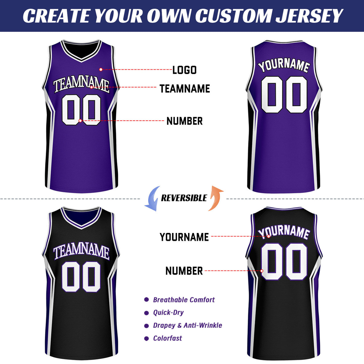 Custom Purple & Black Two Sided Basketball Uniform Set | Personalized Team Uniforms for Adult & Youth