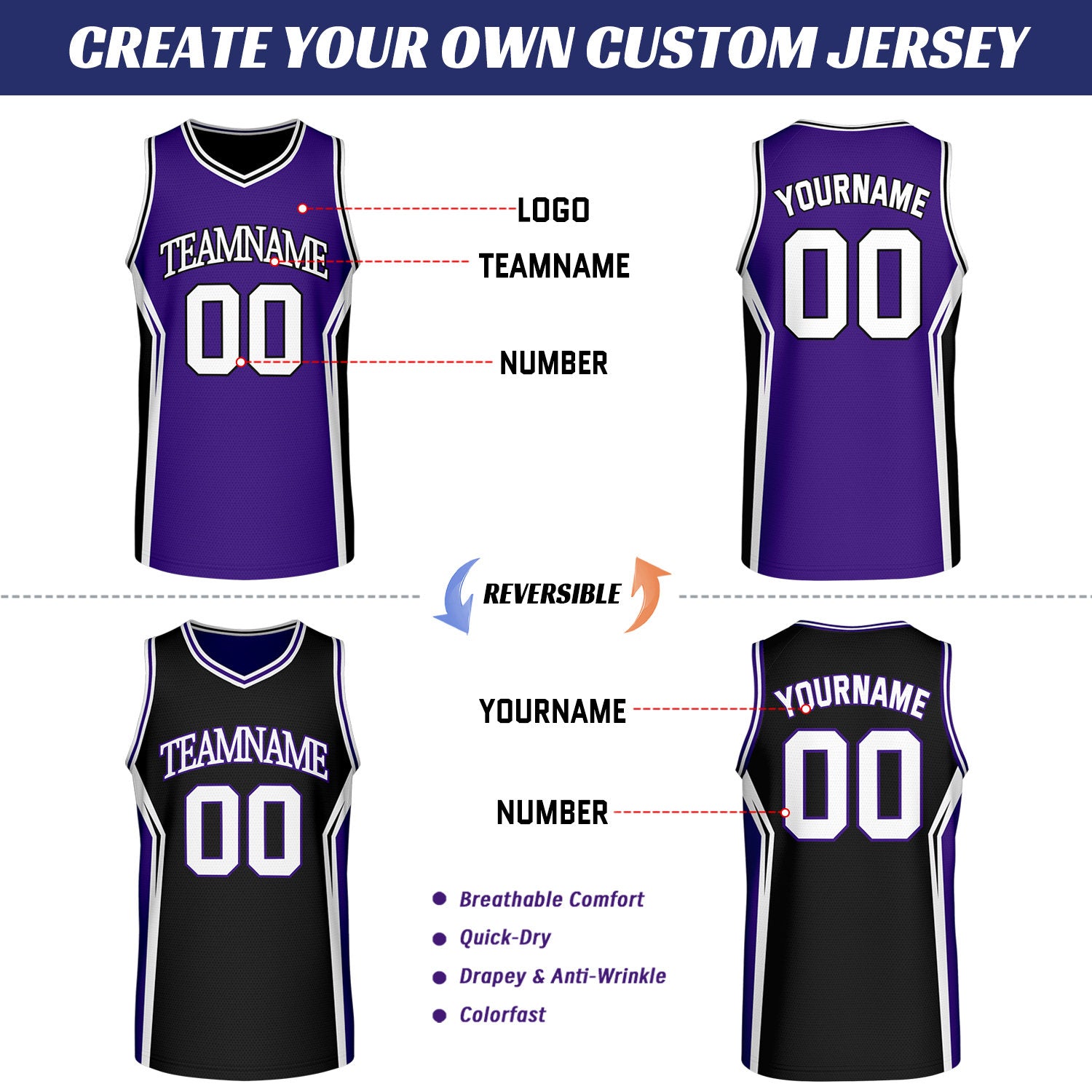 Custom Purple & Black Two Sided Basketball Uniform Set | Personalized Team Uniforms for Adult & Youth