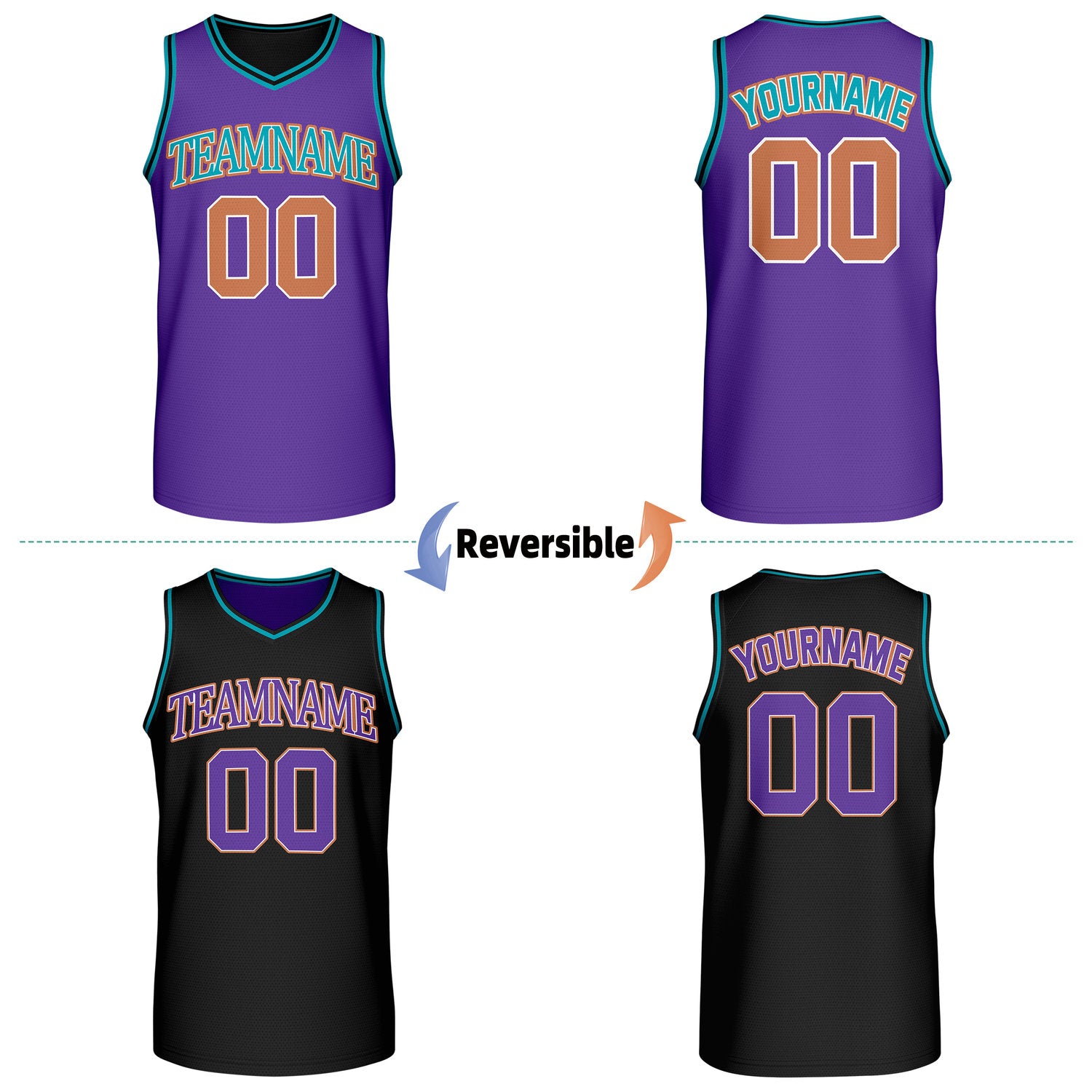 Custom reversible retro purple & black basketball jersey, personalized team name & number, 2-in-1 sleeveless uniform for men women youth adult game practice - Vosoli