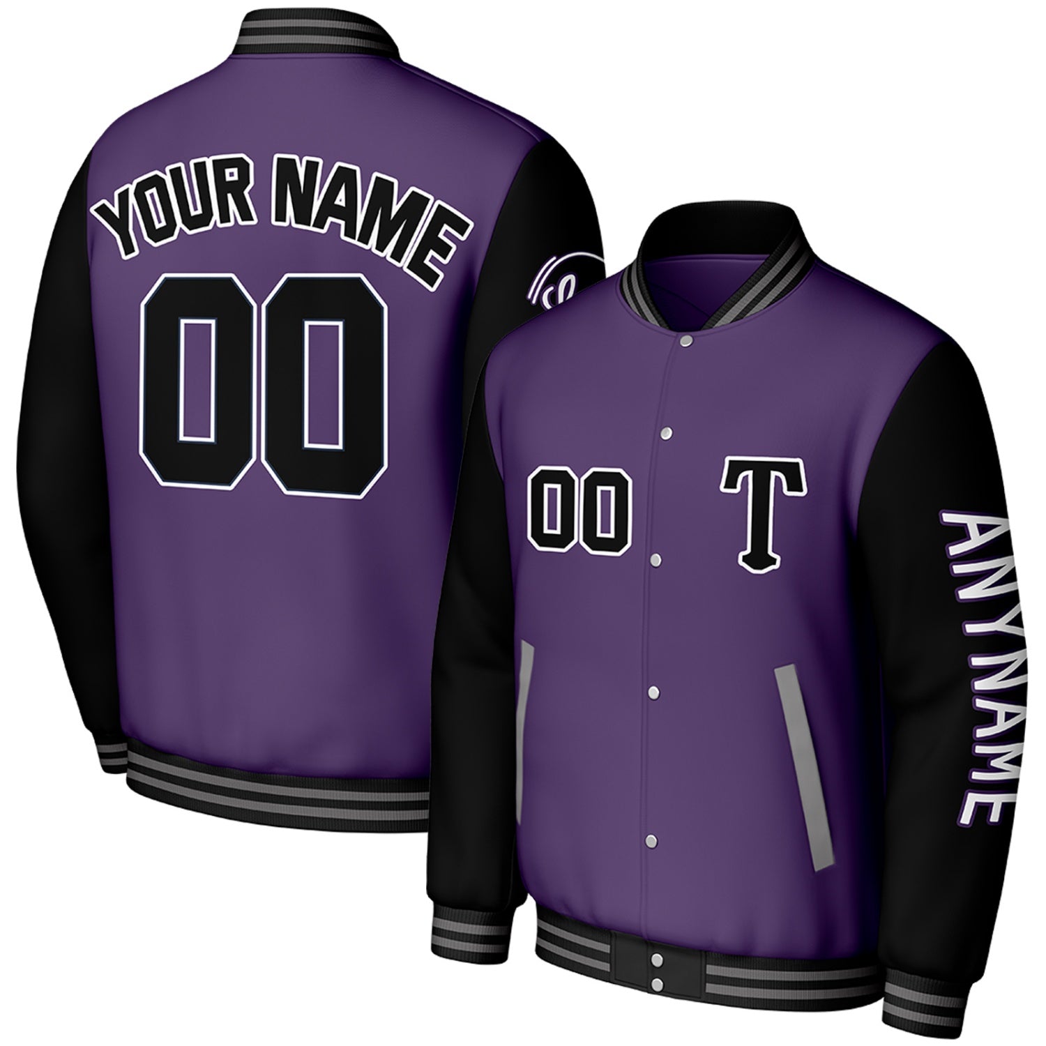custom purple black travel baseball warm up jacket by Vosoli, personalized stitched name, number & logo, classic button up varsity letterman jacket for baseball travel team and casual wear