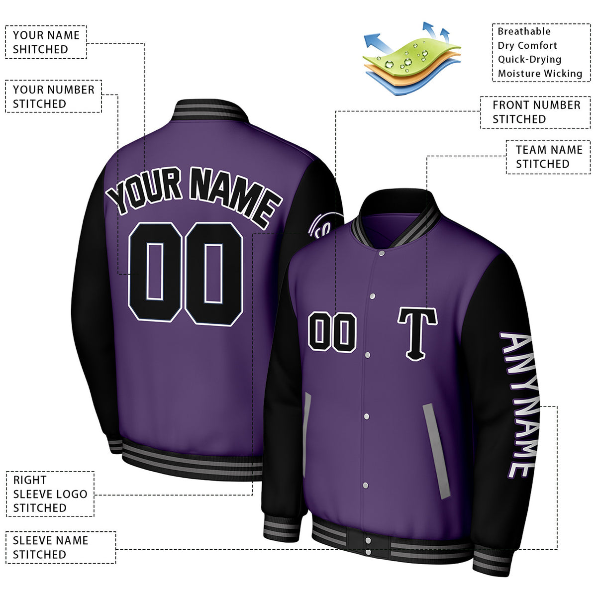 Custom Purple & Black Varsity Baseball Jacket | Personalized Letterman Baseball Bomber for Adult & Youth