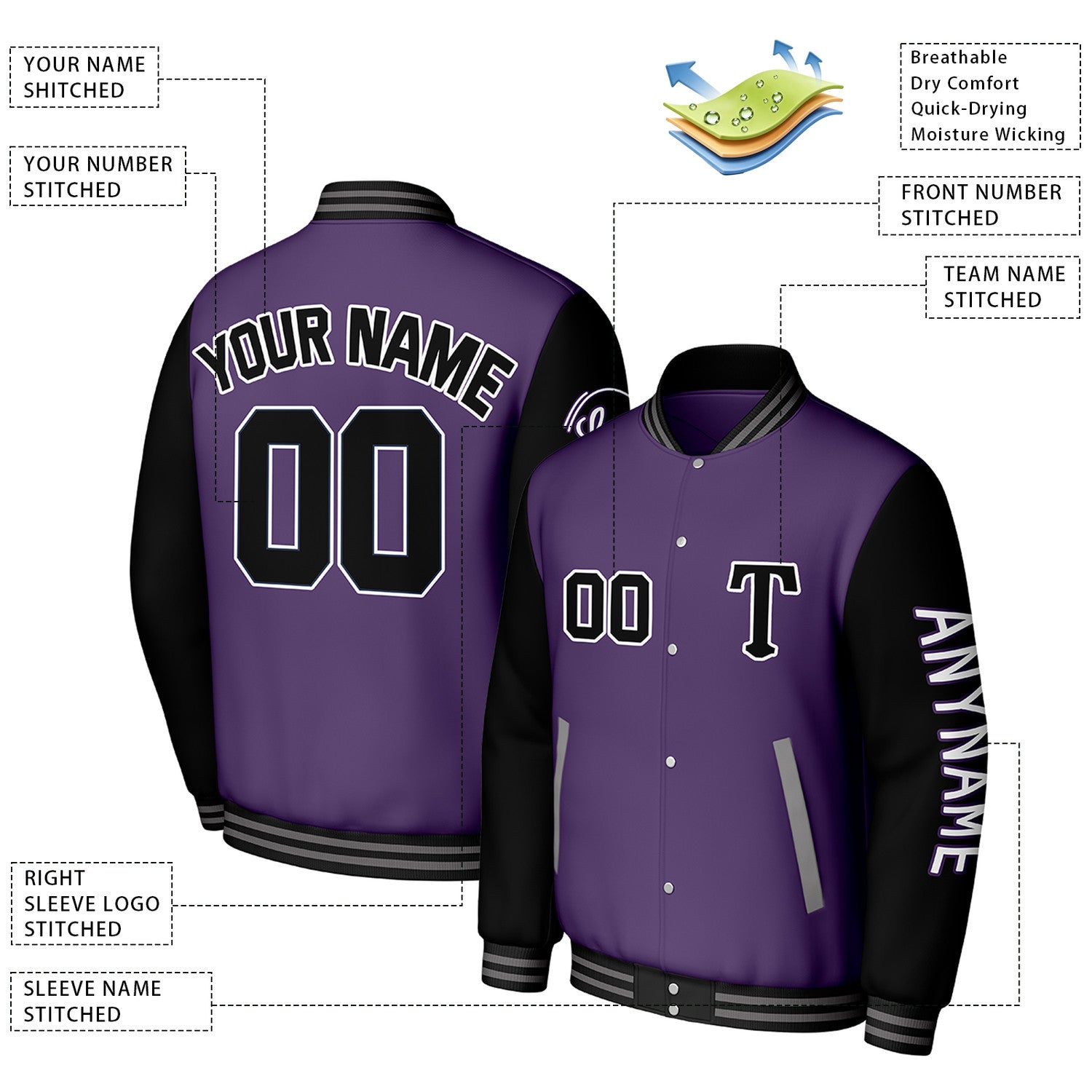 Custom Purple & Black Varsity Baseball Jacket | Personalized Letterman Baseball Bomber for Adult & Youth