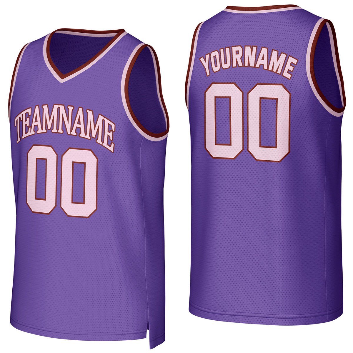 Custom purple &amp; brown basketball jersey by Vosoli | Personalized stitched team name, number &amp; logo | Breathable mesh sport jersey