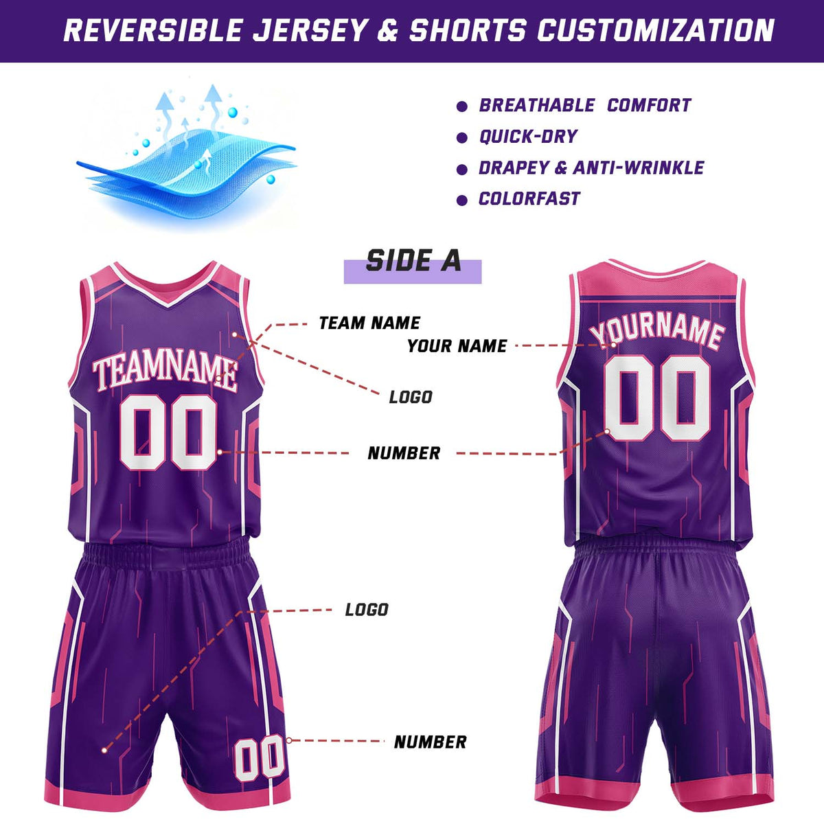 Custom Purple & Fuchsia Reversible Geometric Basketball Jersey Shorts Set | Personalized Team Uniform