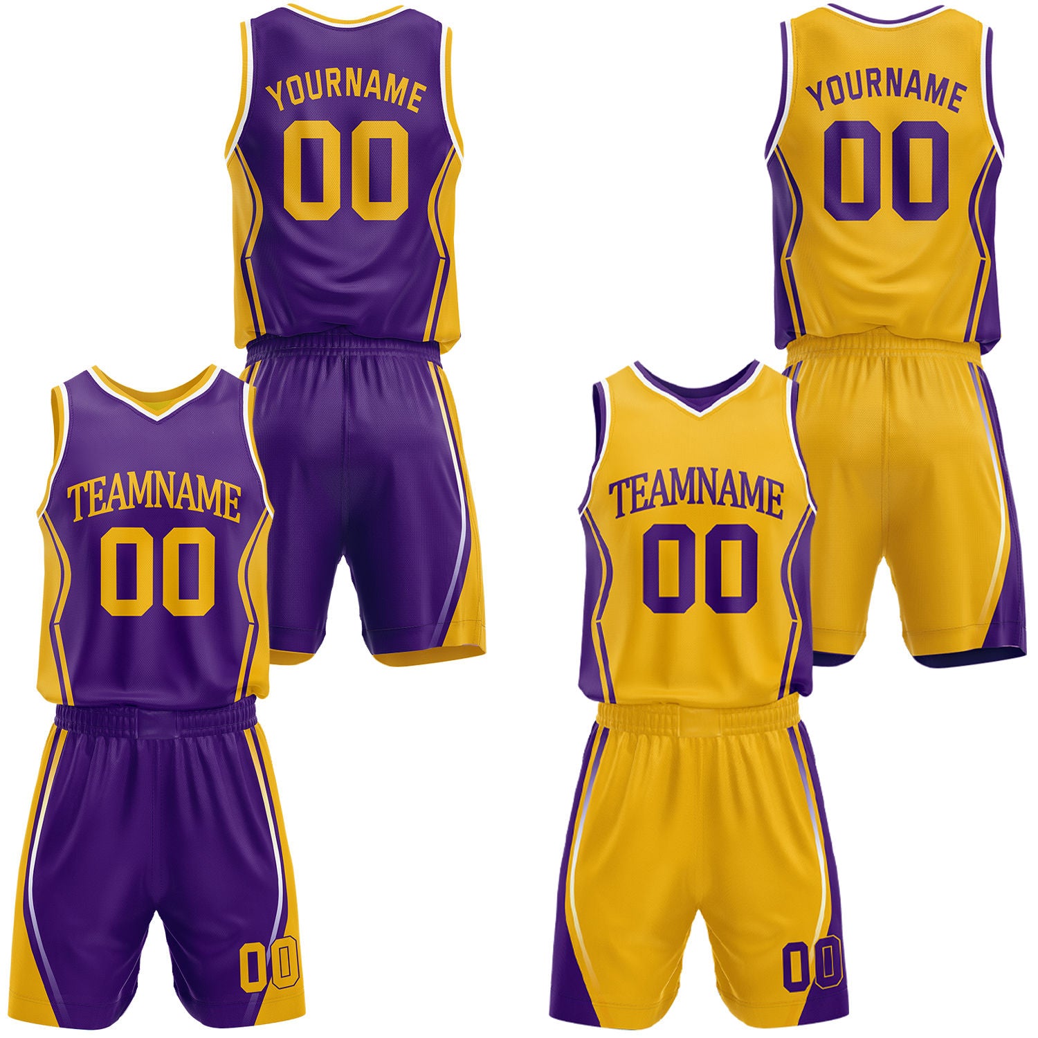 Custom purple & gold reversible basketball jersey shorts set by Vosoli | Personalized block team name number geometric uniform sportswear
