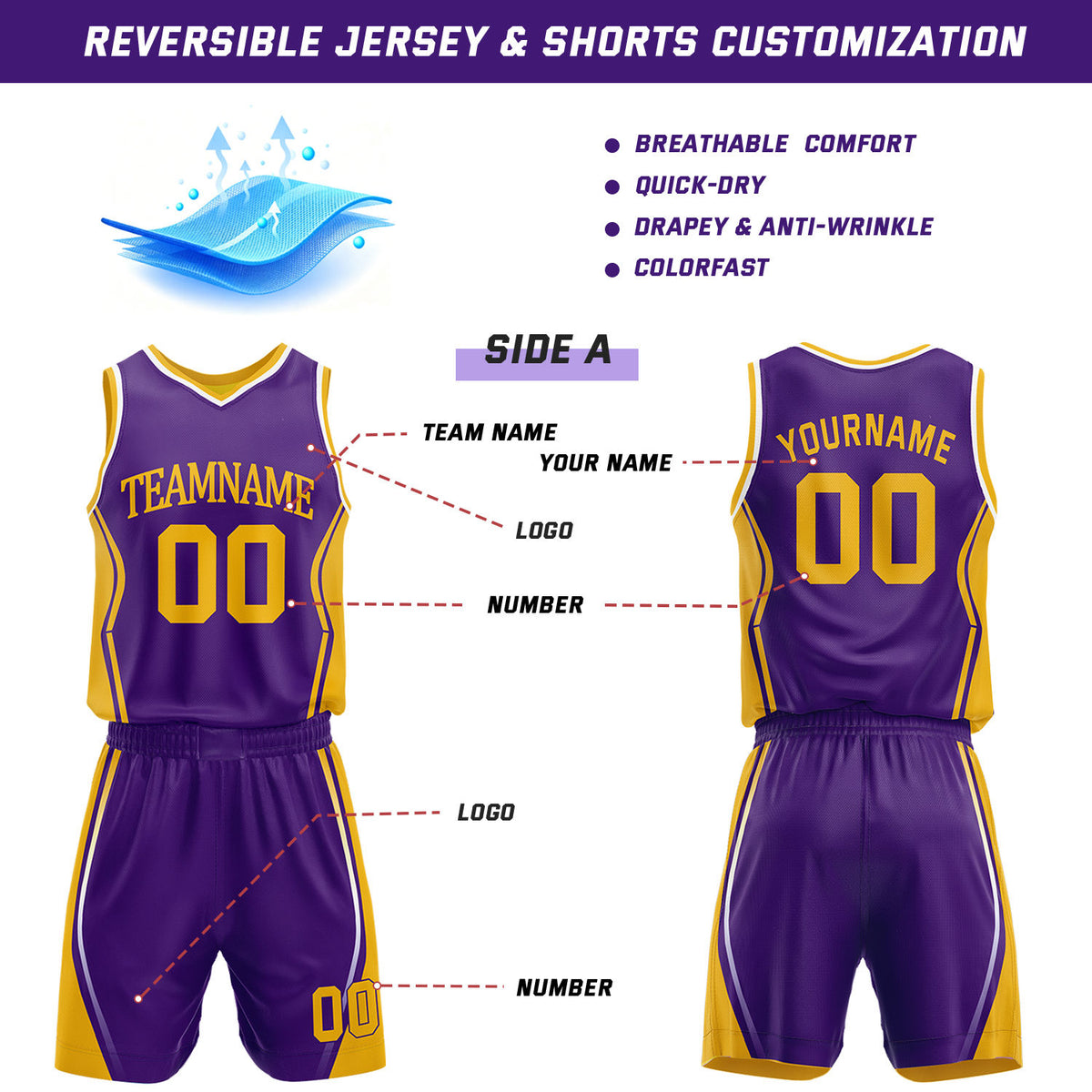 Custom Purple & Gold Reversible Geometric Basketball Jersey Shorts Set | Personalized Team Uniform