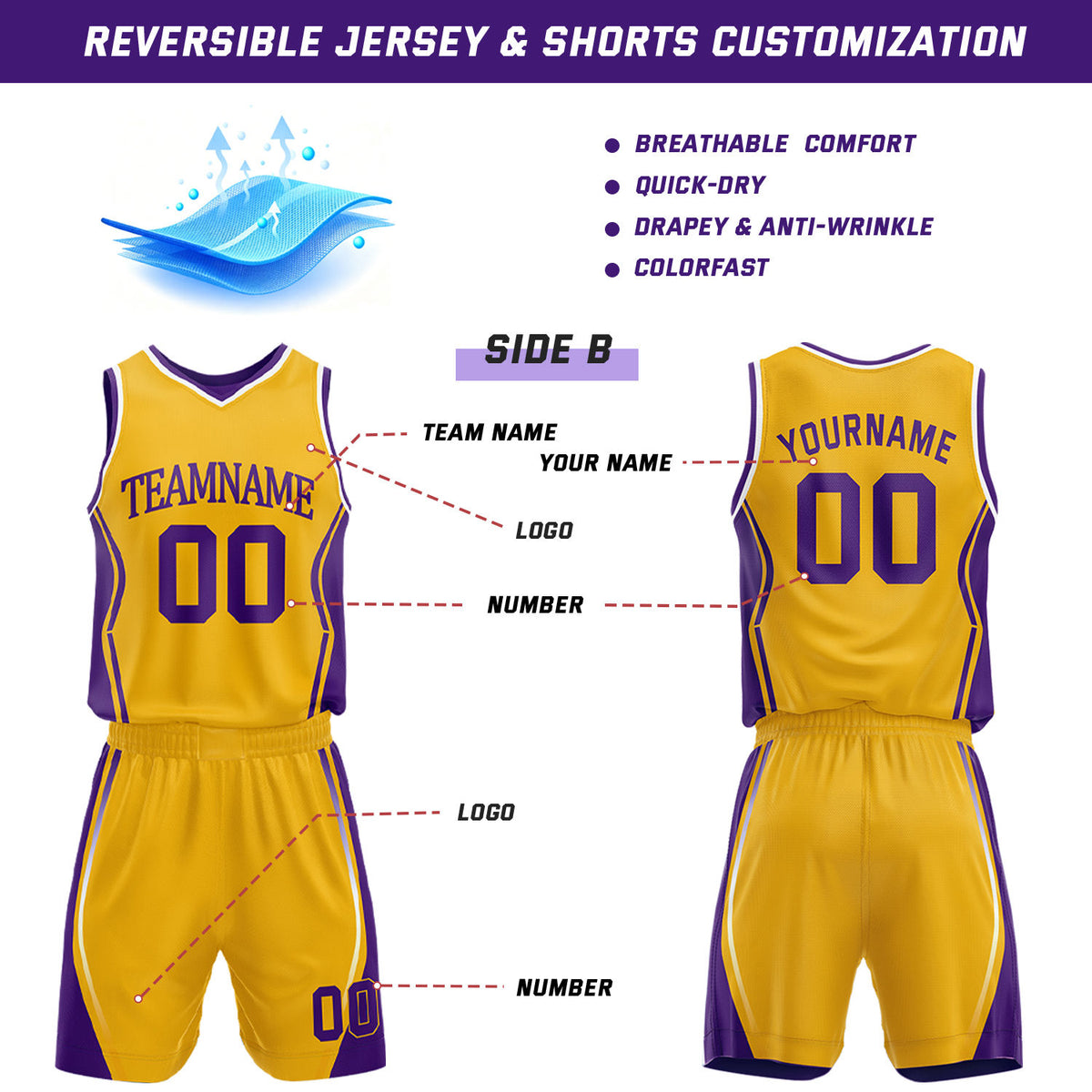 Custom Purple & Gold Reversible Geometric Basketball Jersey Shorts Set | Personalized Team Uniform