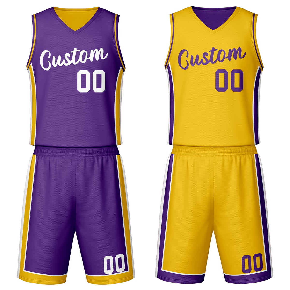 Custom purple &amp; gold reversible basketball jersey set with shorts by Vosoli | Personalized team name, number &amp; logo | Breathable mesh sport jersey uniform