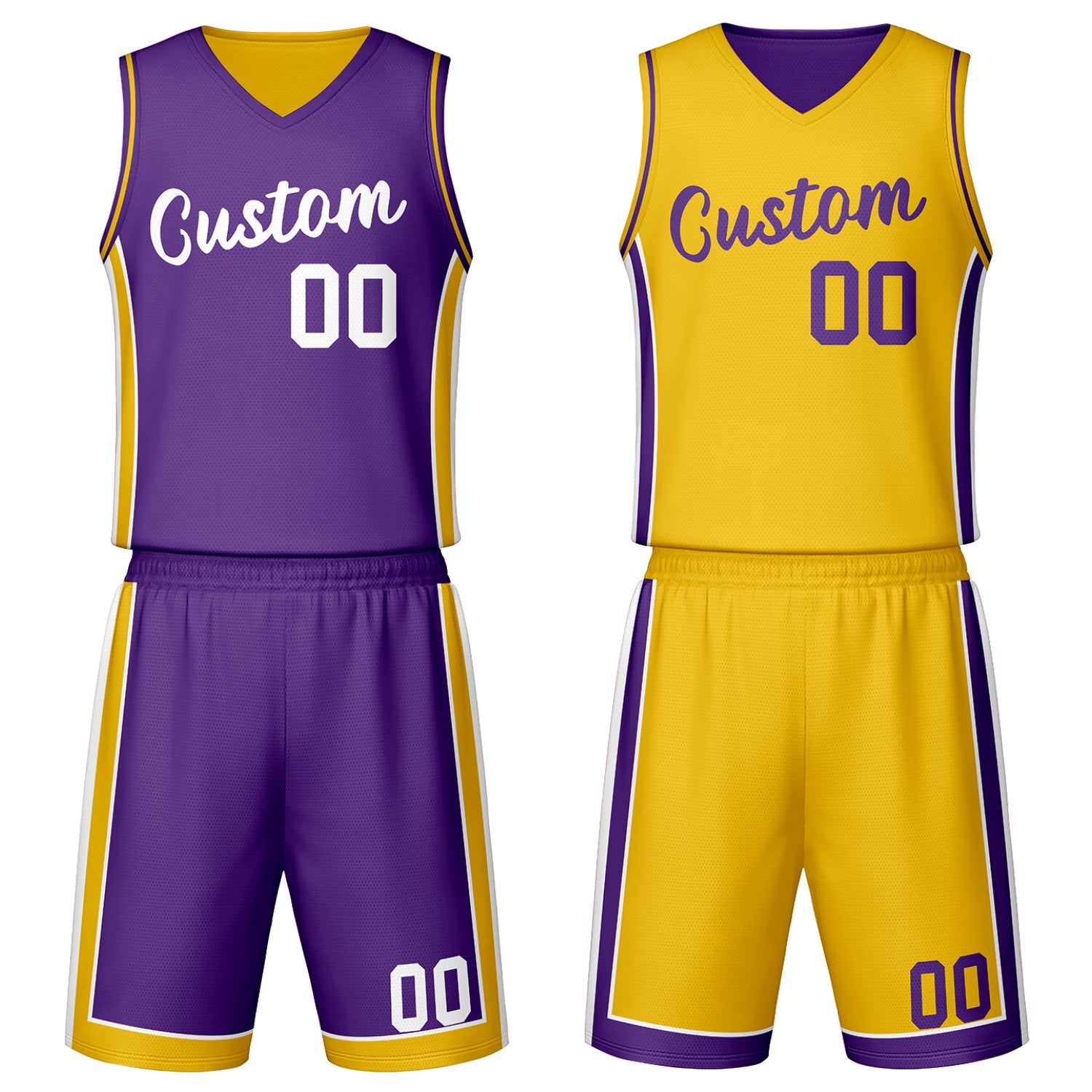 Custom purple & gold reversible basketball jersey set with shorts by Vosoli | Personalized team name, number & logo | Breathable mesh sport jersey uniform