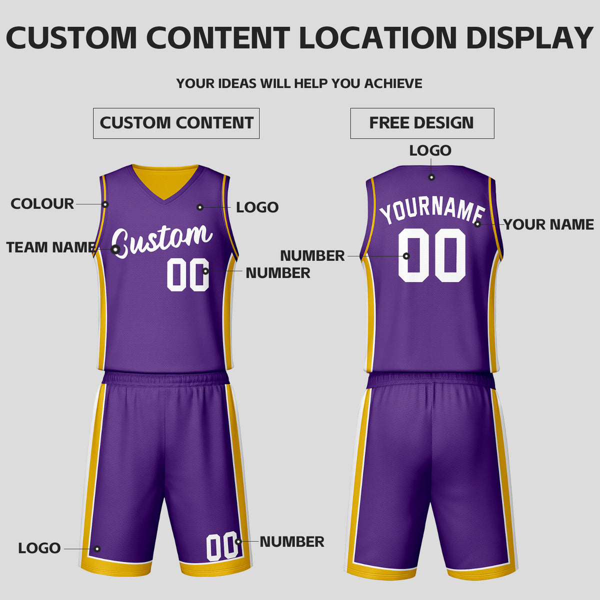 Custom Purple Gold Reversible Basketball Jersey Set | Personalized Name Number Mesh Sports Uniform