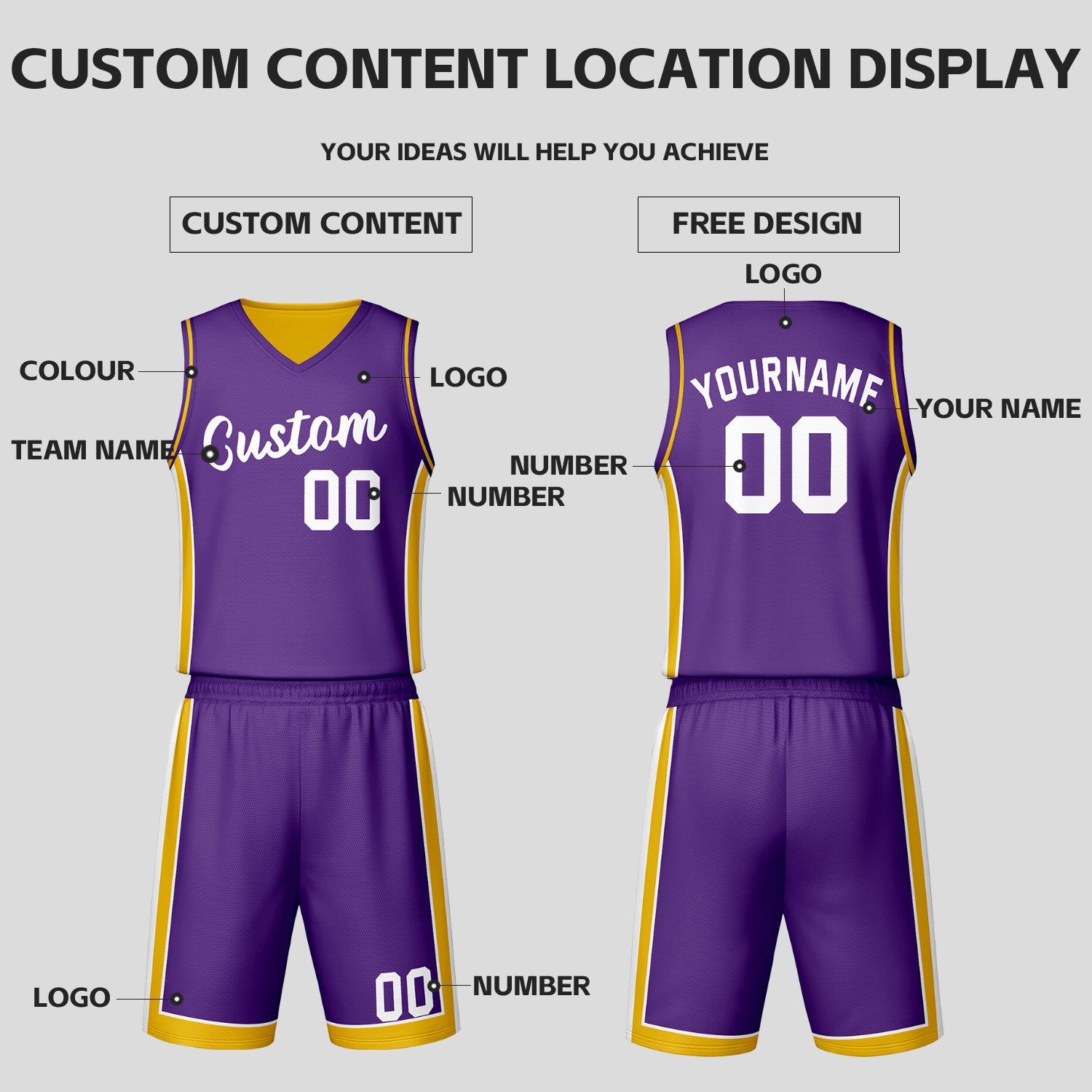 Custom Purple Gold Reversible Basketball Jersey Set | Personalized Name Number Mesh Sports Uniform
