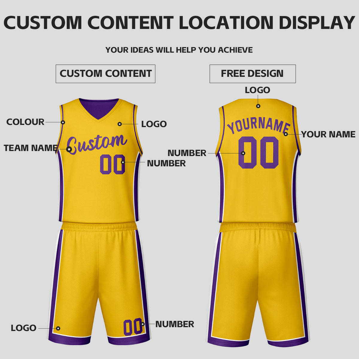Custom Purple Gold Reversible Basketball Jersey Set | Personalized Name Number Mesh Sports Uniform