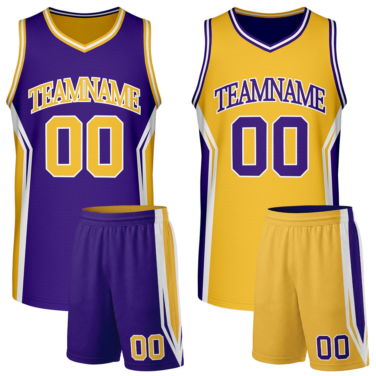 Custom purple and gold basketball jersey set, reversible jersey and shorts set with personalized name & number, breathable mesh for adult & youth.