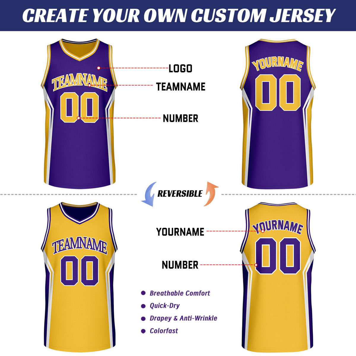 Custom Purple & Gold Two Sided Basketball Uniform Set | Personalized Team Uniforms for Adult & Youth