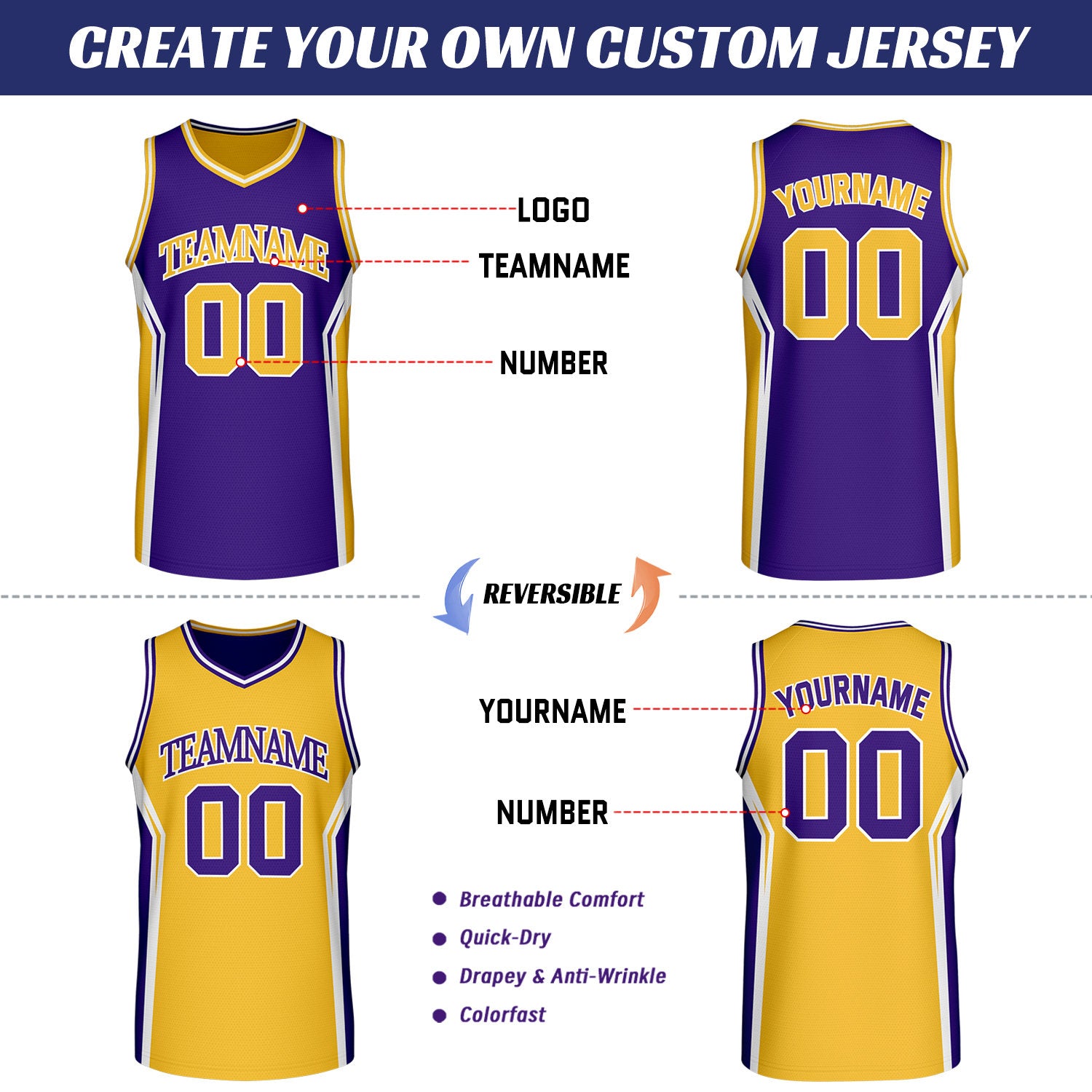 Custom Purple & Gold Two Sided Basketball Uniform Set | Personalized Team Uniforms for Adult & Youth