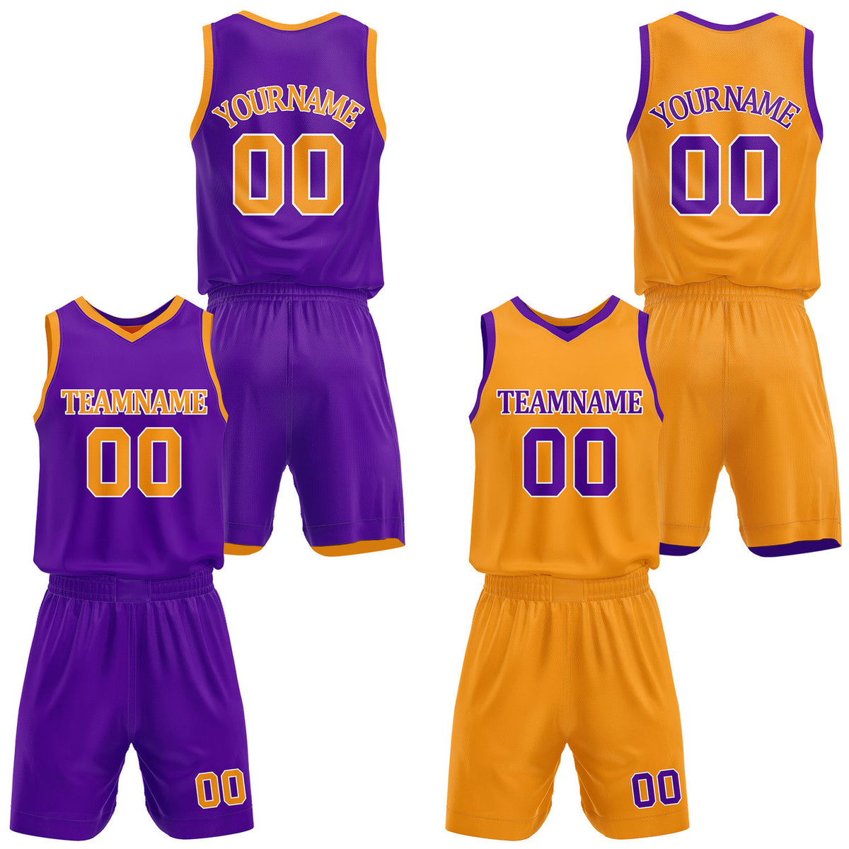 Custom purple &amp; gold reversible basketball jersey shorts set by Vosoli | Personalized team name number casual uniform sportswear