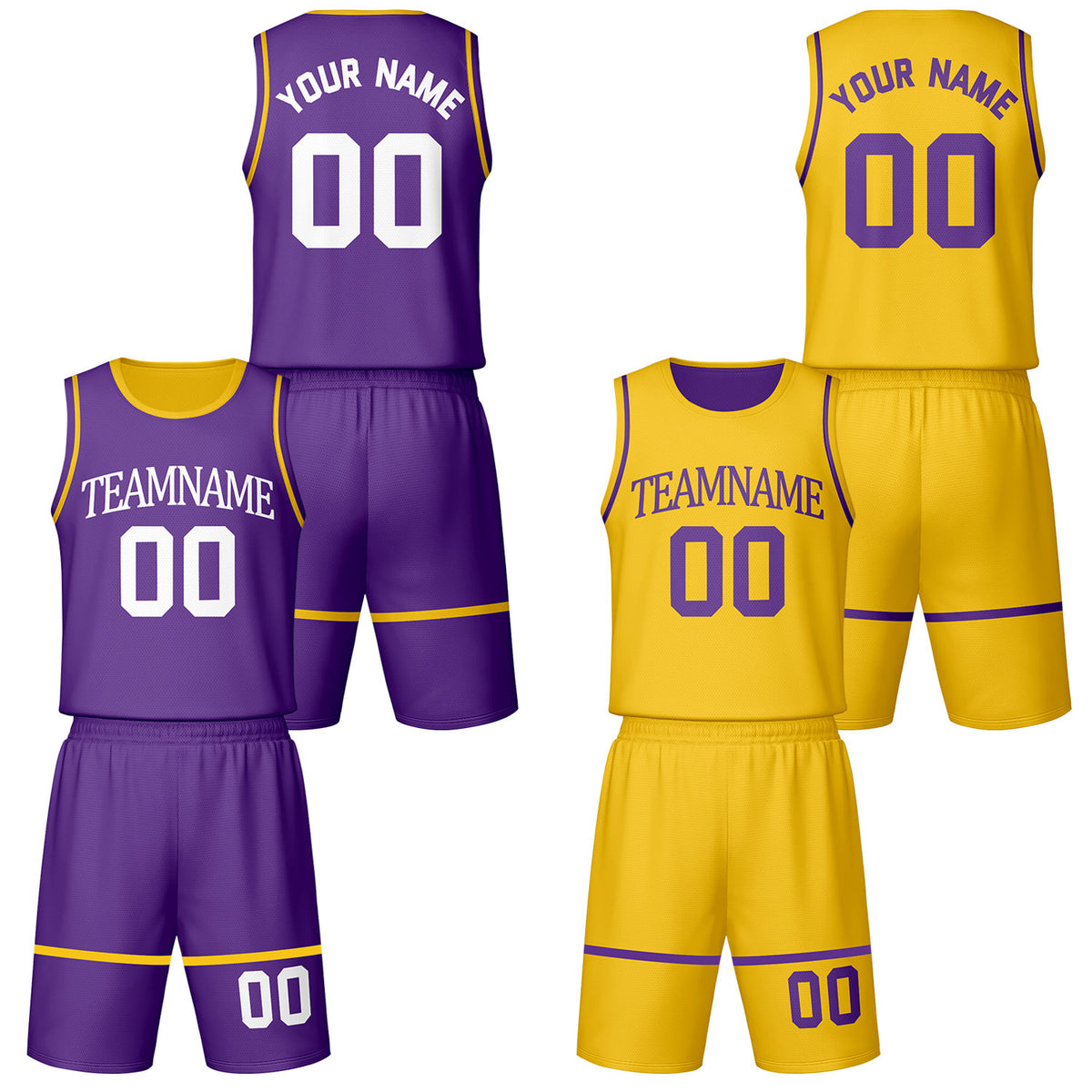 Custom purple &amp; gold reversible basketball jersey shorts set by Vosoli | Personalized team name number vintage uniform sportswear
