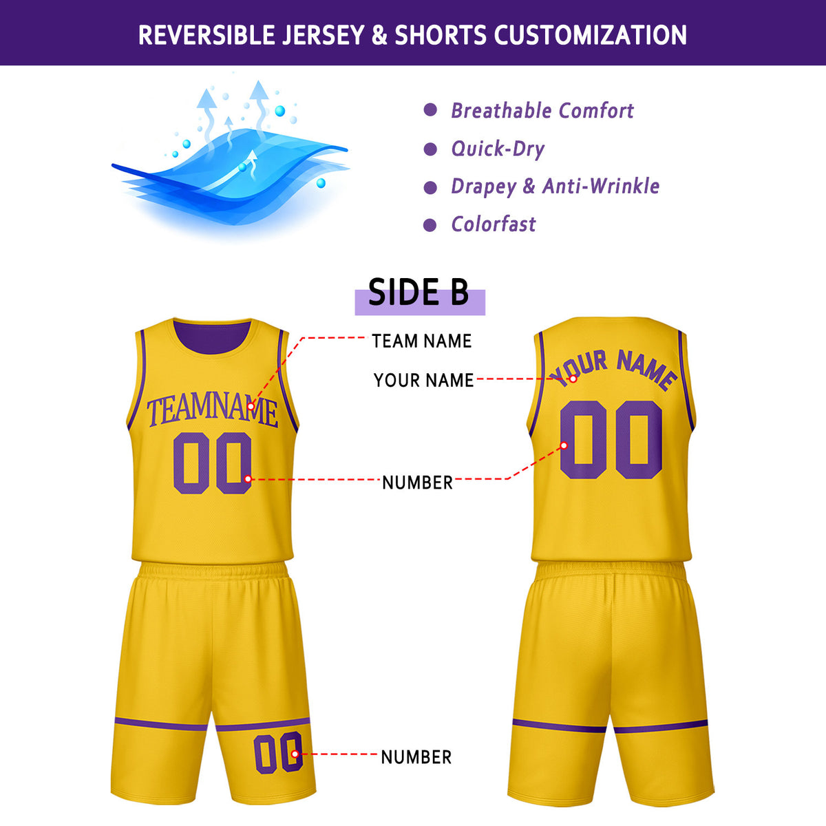 Custom Purple & Gold Reversible Basketball Jersey Shorts Set | Personalized Team Uniform