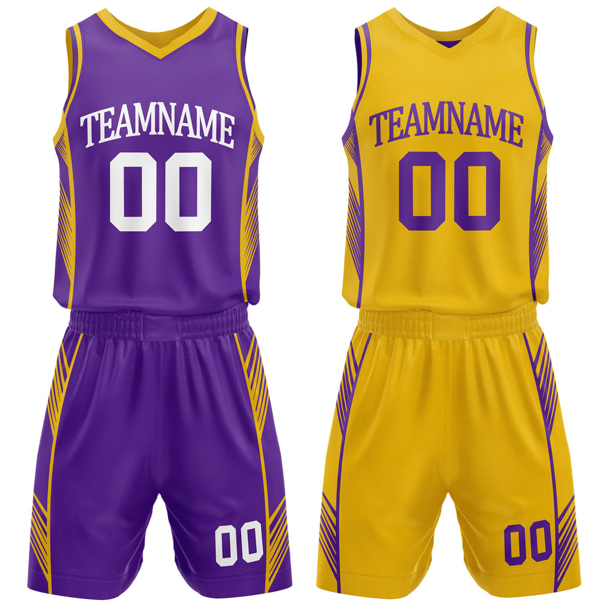 Custom purple and gold reversible basketball uniform by Vosoli. Personalized with team name, number, and logo. Breathable mesh jersey and shorts for high school, college, and AAU teams.