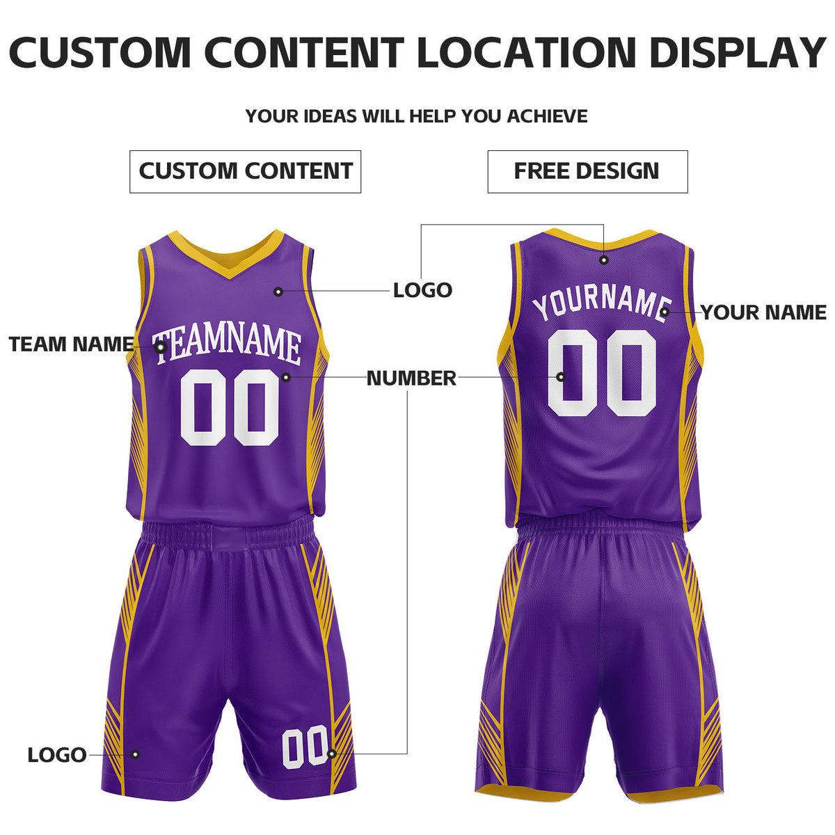 Custom Purple & Gold Reversible Basketball Uniform Set | Personalized Name Number Sports Jersey Shorts Kit