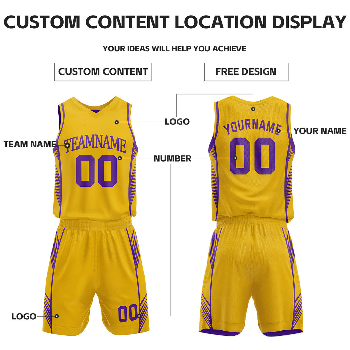 Custom Purple & Gold Reversible Basketball Uniform Set | Personalized Name Number Sports Jersey Shorts Kit